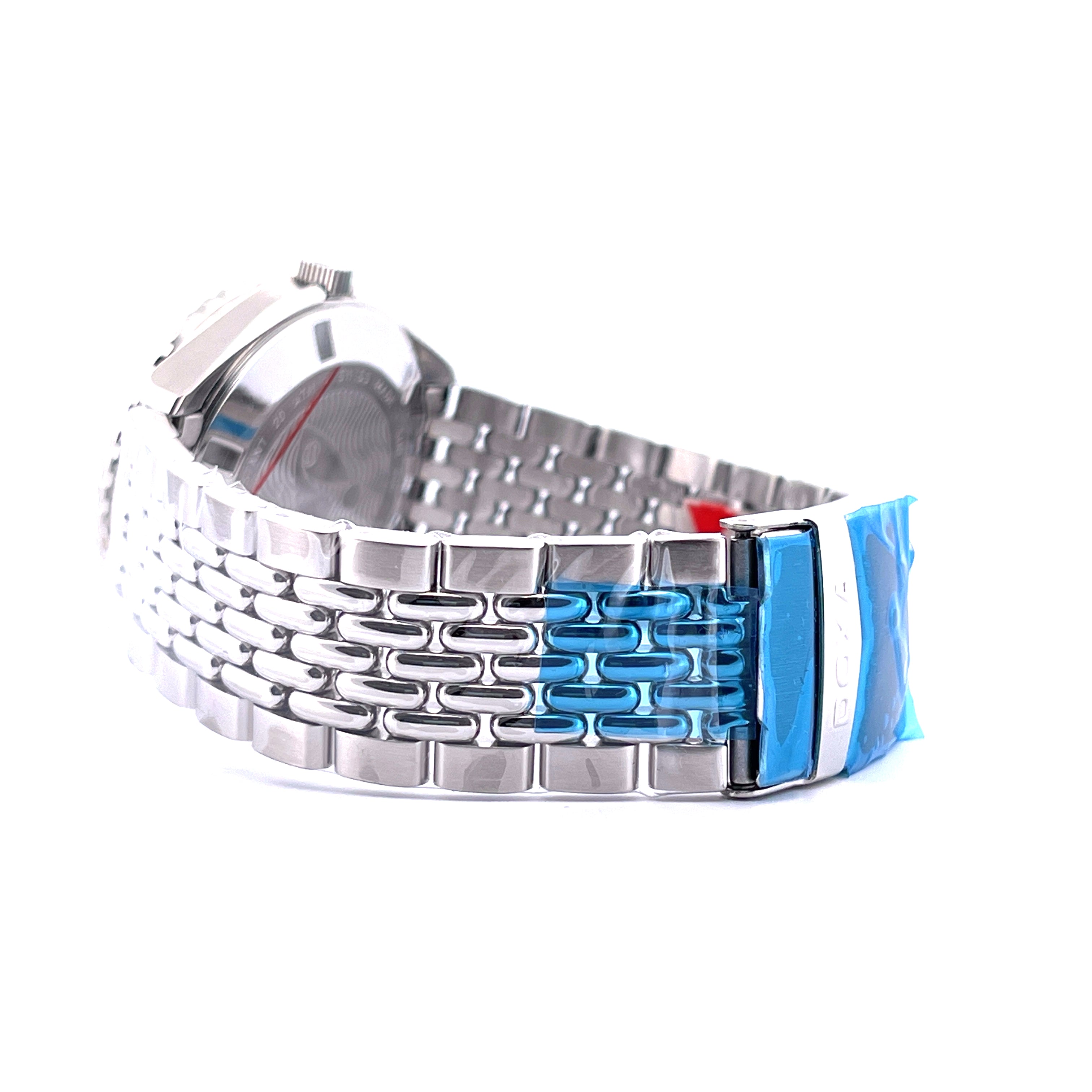 Seitenansicht eines Doxa Sub 200 Divingstar Yellow Armbands aus Edelstahl mit blauer Schutzfolie auf weißem Hintergrund