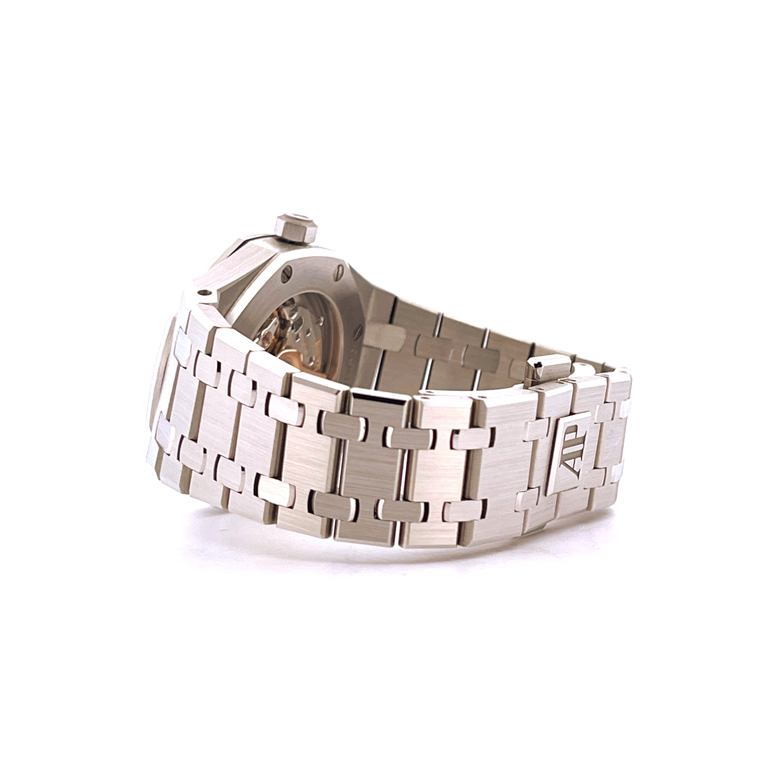Seitenansicht einer Audemars Piguet Royal Oak Selfwinding Uhr aus Edelstahl mit offenem Rückendeckel