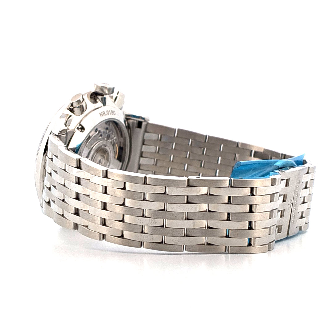 Junghans Meister Telemeter Stahlarmband im Detail von der Seite mit sichtbarer Gehäuserückseite