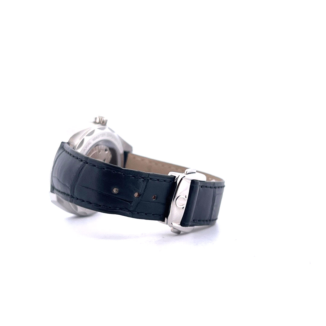 Omega Seamaster Aqua Terra 38mm mit schwarzem Lederband und Faltschließe in Seitenansicht auf weißem Hintergrund