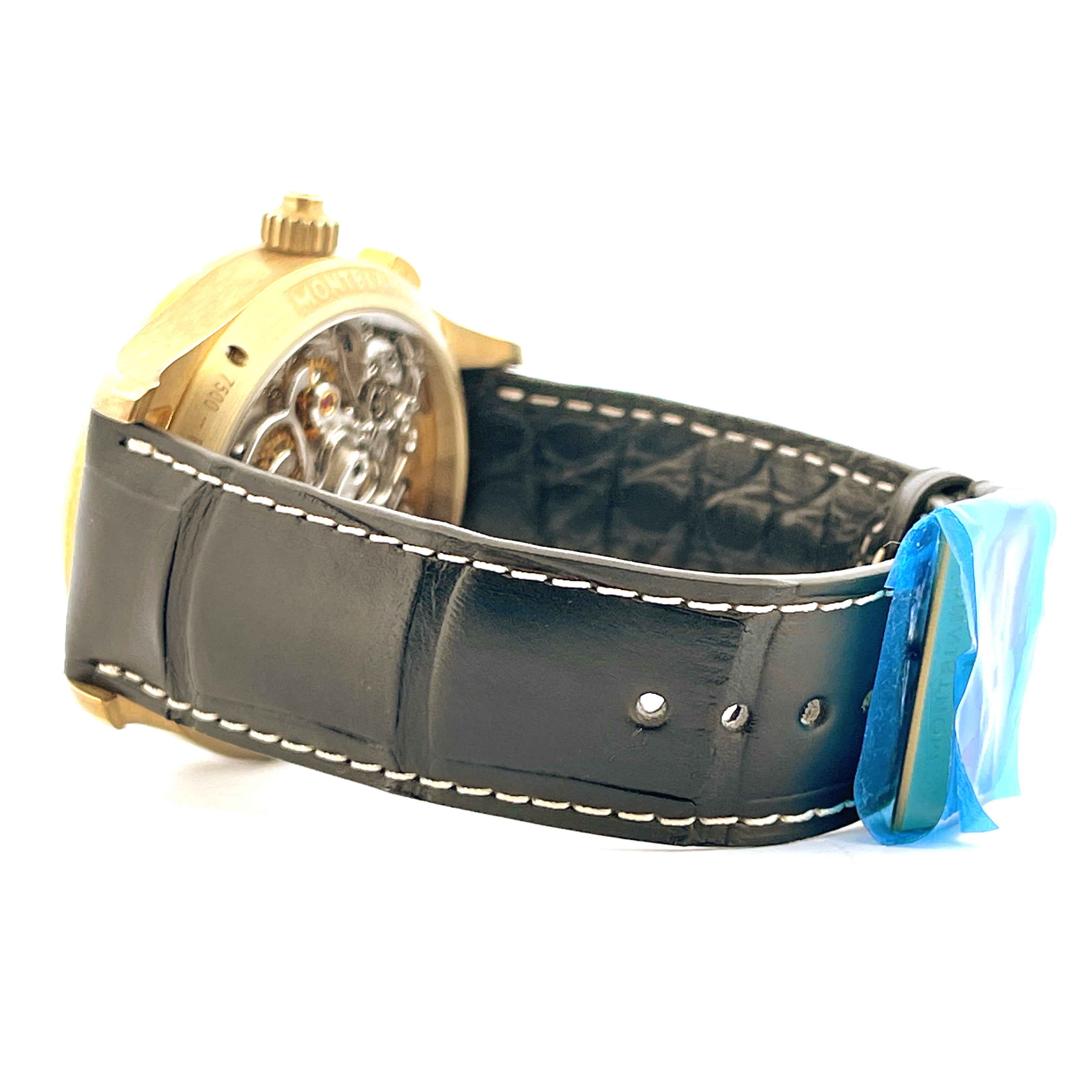 Seitenansicht einer Montblanc 1858 Split-seconds Chronograph Uhr mit Lederarmband und bronzenem Gehäuse