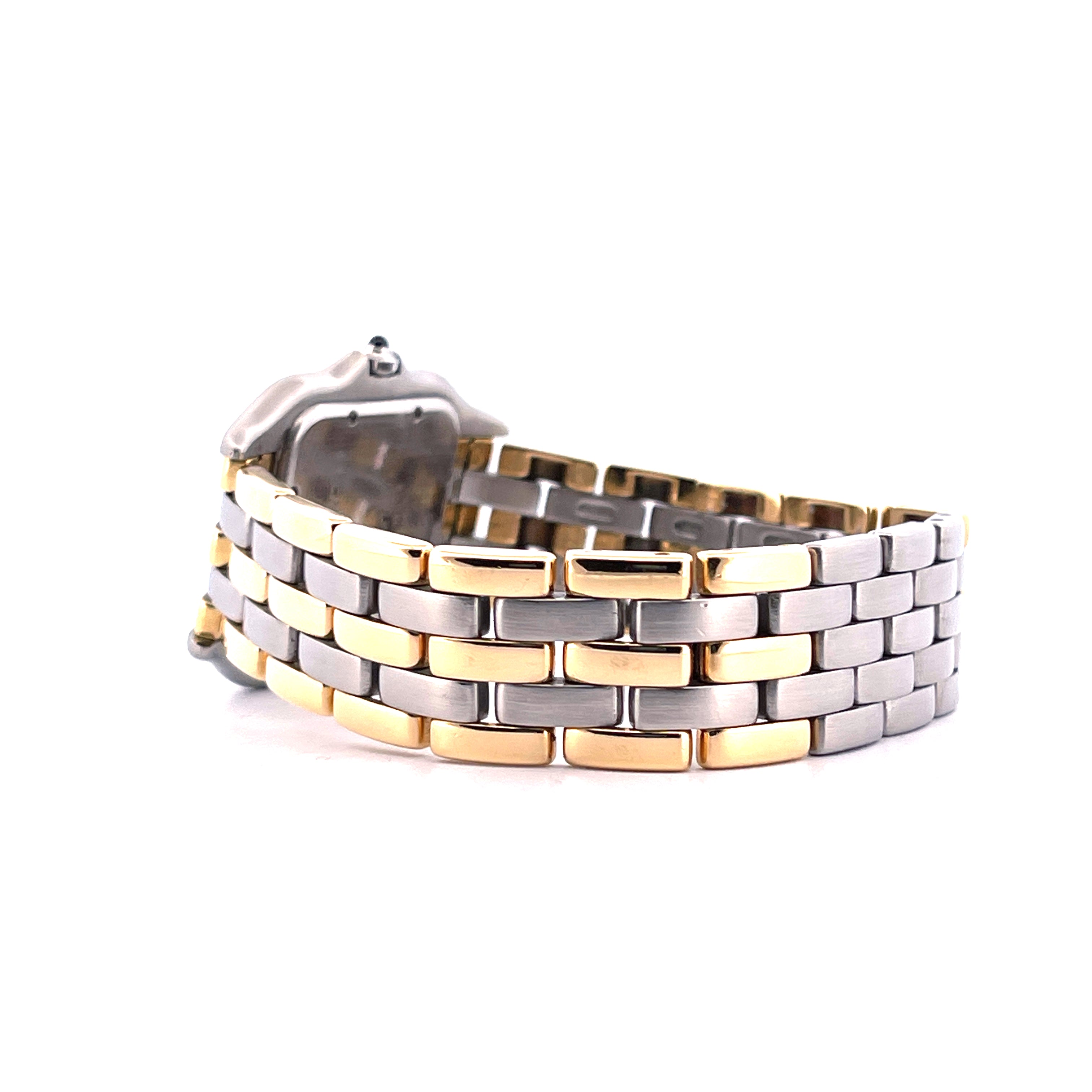 Seitenansicht einer Cartier Panthere Jumbo Vintage Uhr mit Edelstahl- und Goldarmband