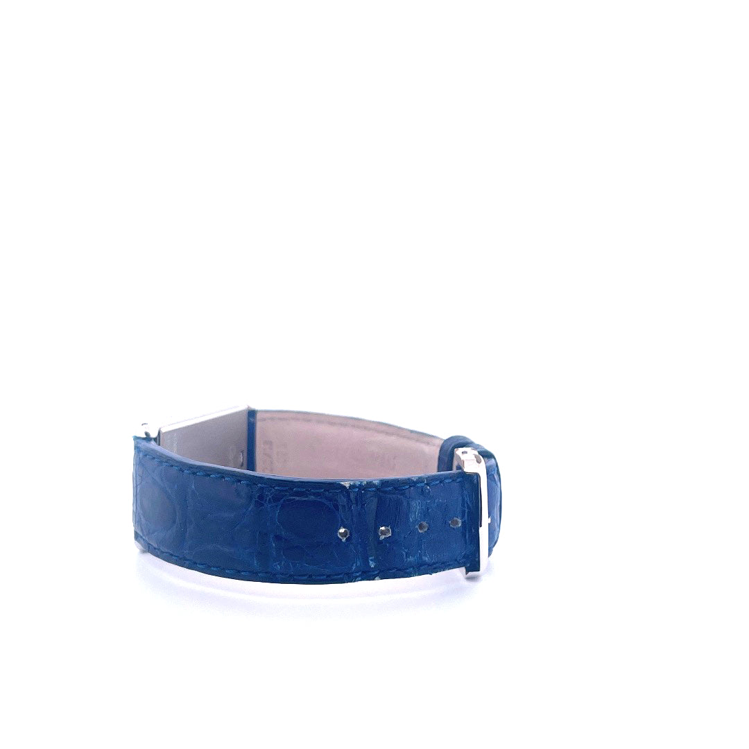 Cartier Tank Basculante Stahluhr mit blauem Krokoband und Dornschließe