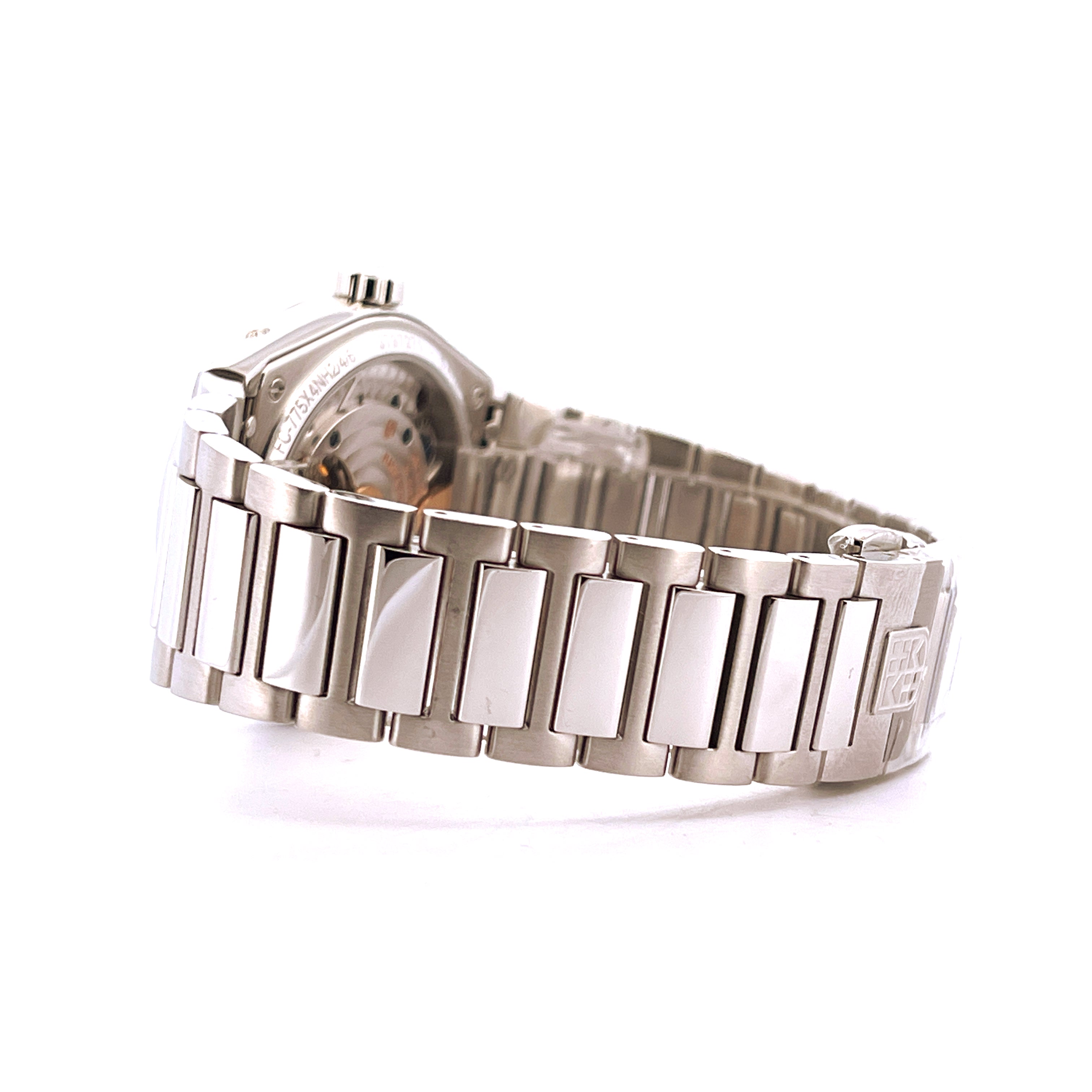 Seitliche Ansicht eines Frederique Constant Highlife Perpetual Calendar Manufacture Automatique Herrenarmbanduhr aus Edels…