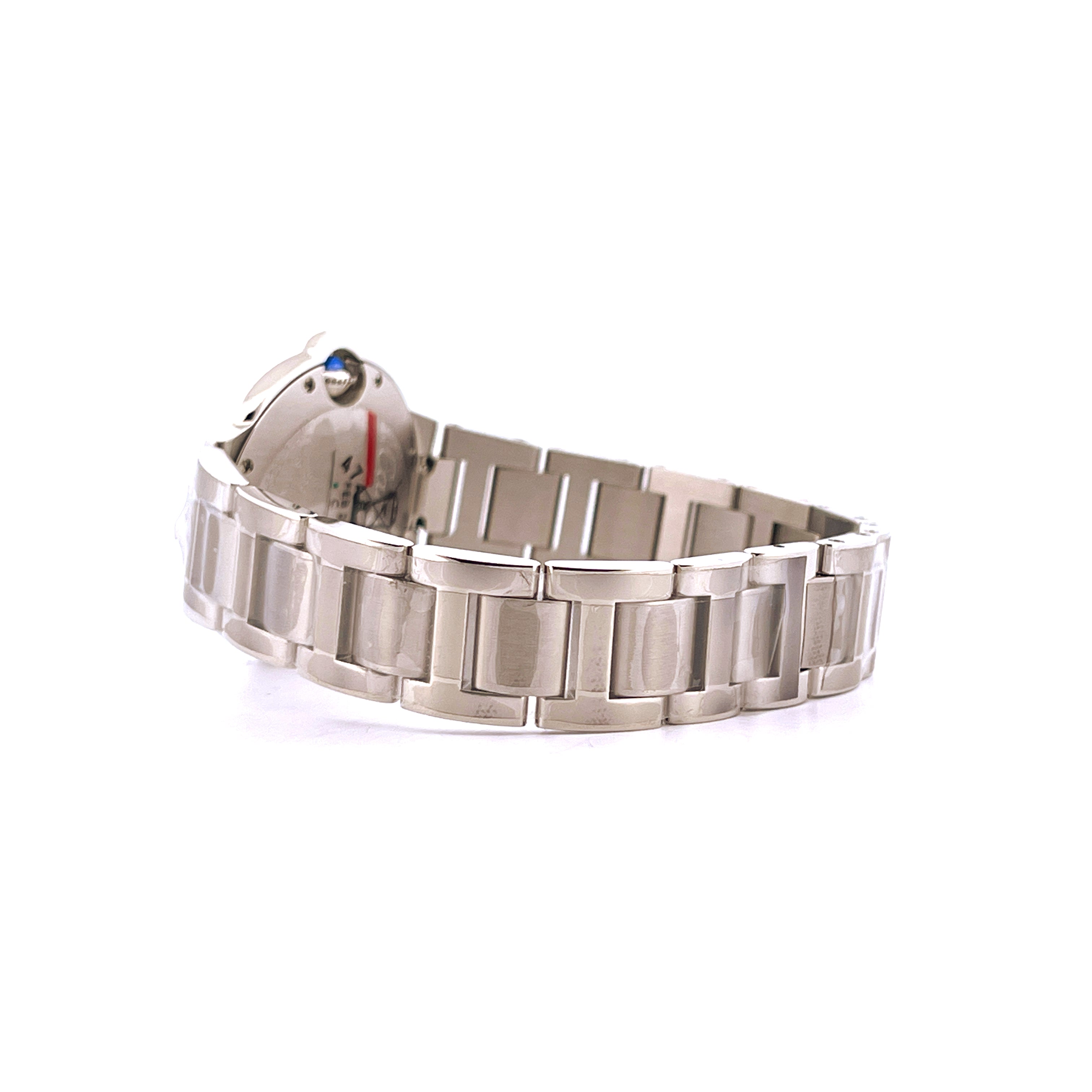 Cartier Ballon Bleu 33mm Quartz von der Seite mit Edelstahlarmband und Gehäuse