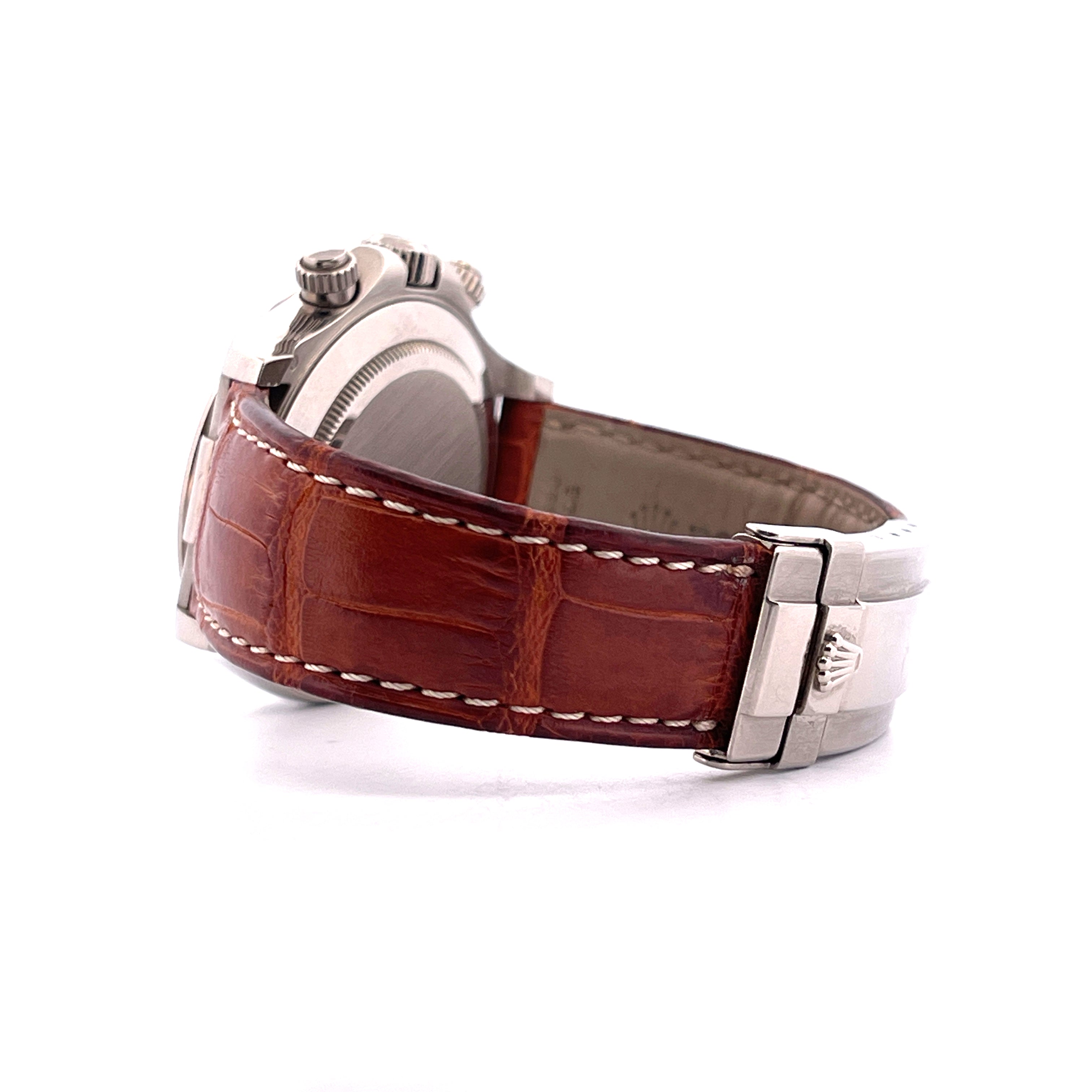 Rolex Daytona Panda Racing Dial von 2002 in Weißgold mit braunem Lederarmband von der Seite
