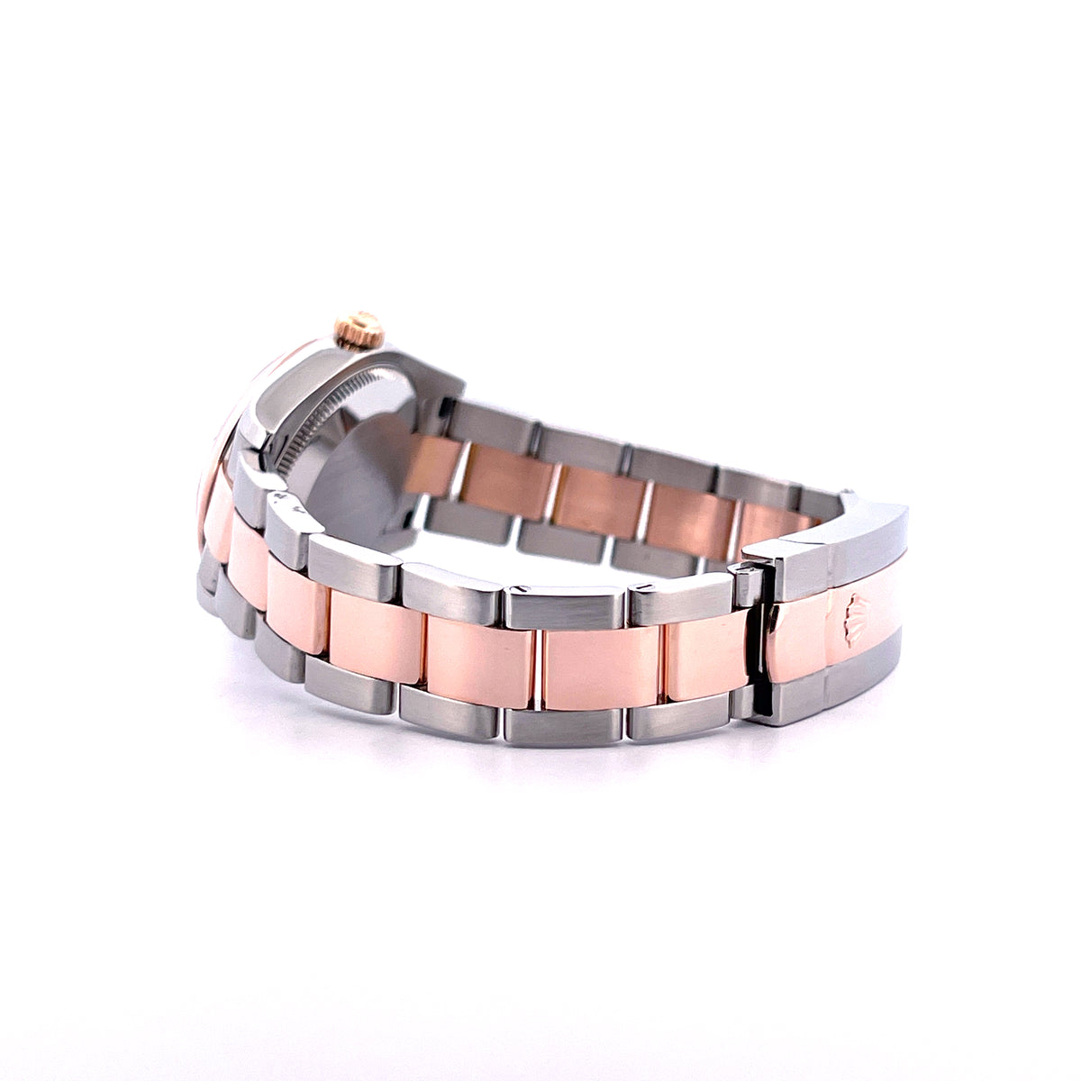 Rolex Datejust 31 Two Tone Mother of Pearl / Box incl. / LC100 / 2006, Schrägansicht mit Armband, Schließe und Gehäuseboden vor weißem Hintergrund