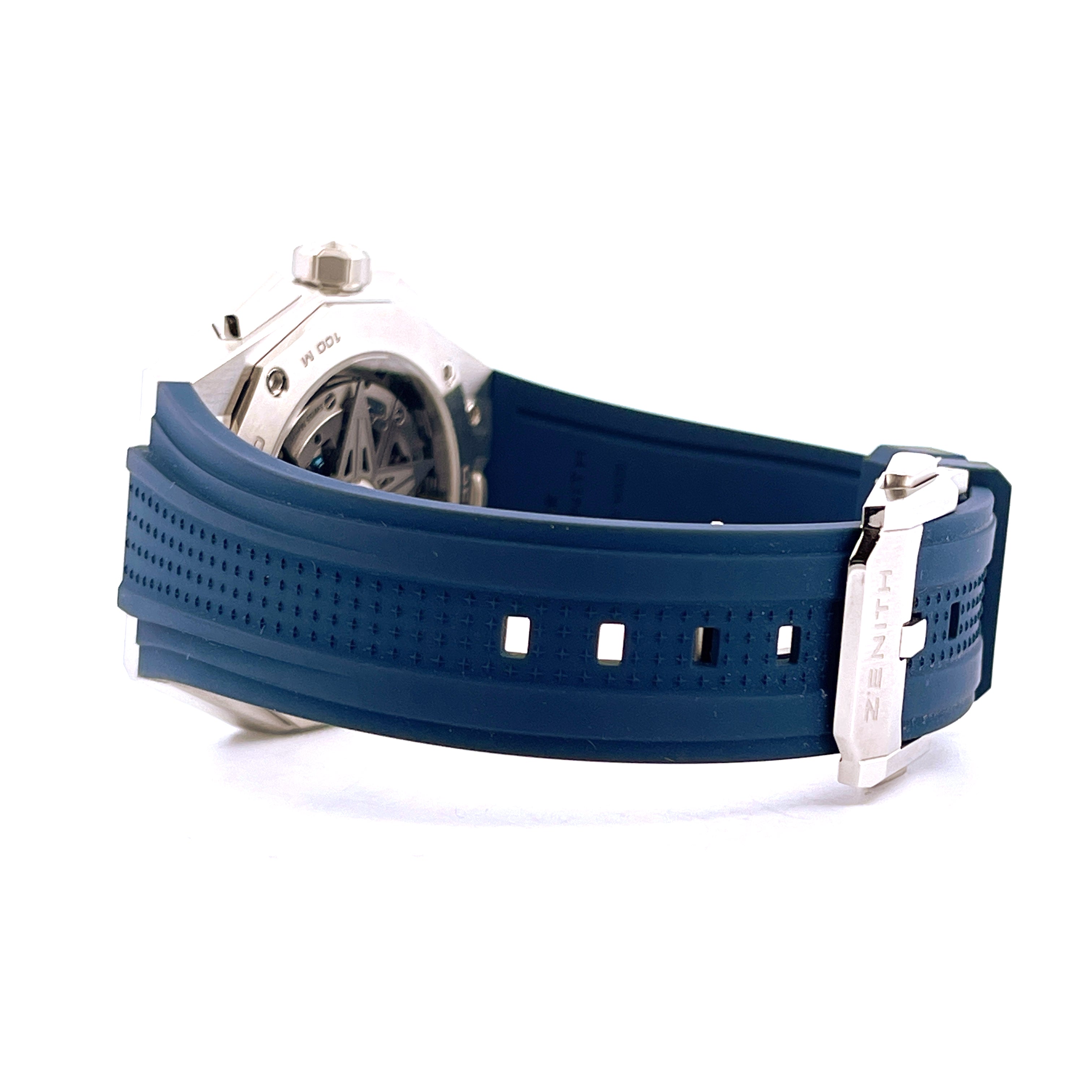 Zenith Defy Skyline Blue Seitenansicht mit blauem Kautschukband und Edelstahlschließe