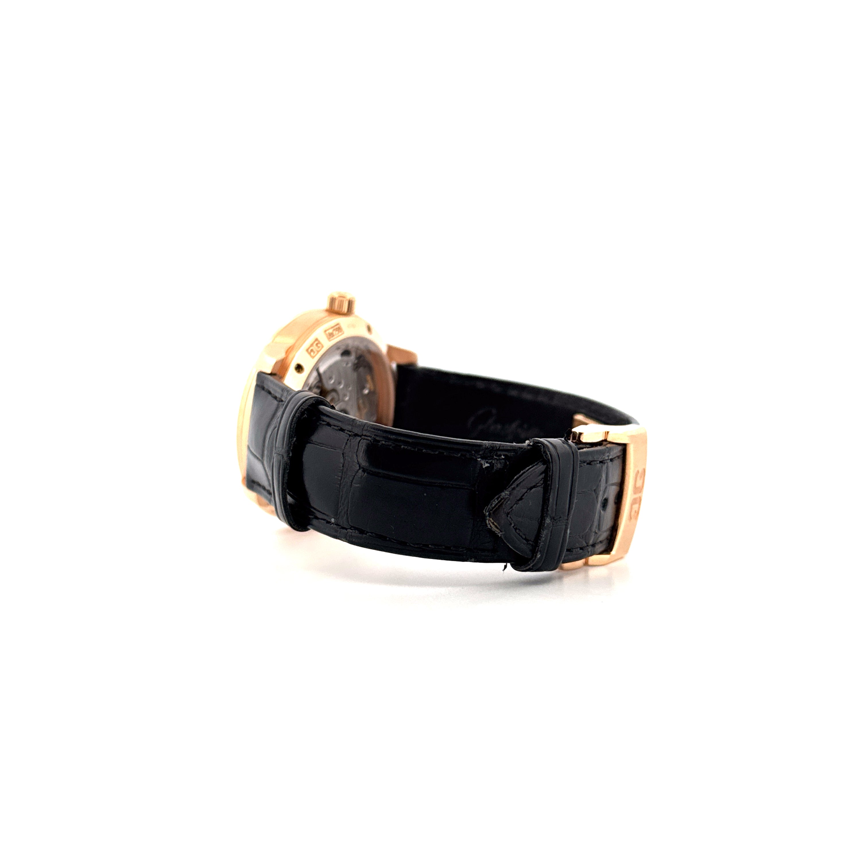 Glashütte Original Senator PanoMaticLunar Roségold Uhr mit schwarzem Lederarmband Seitenansicht
