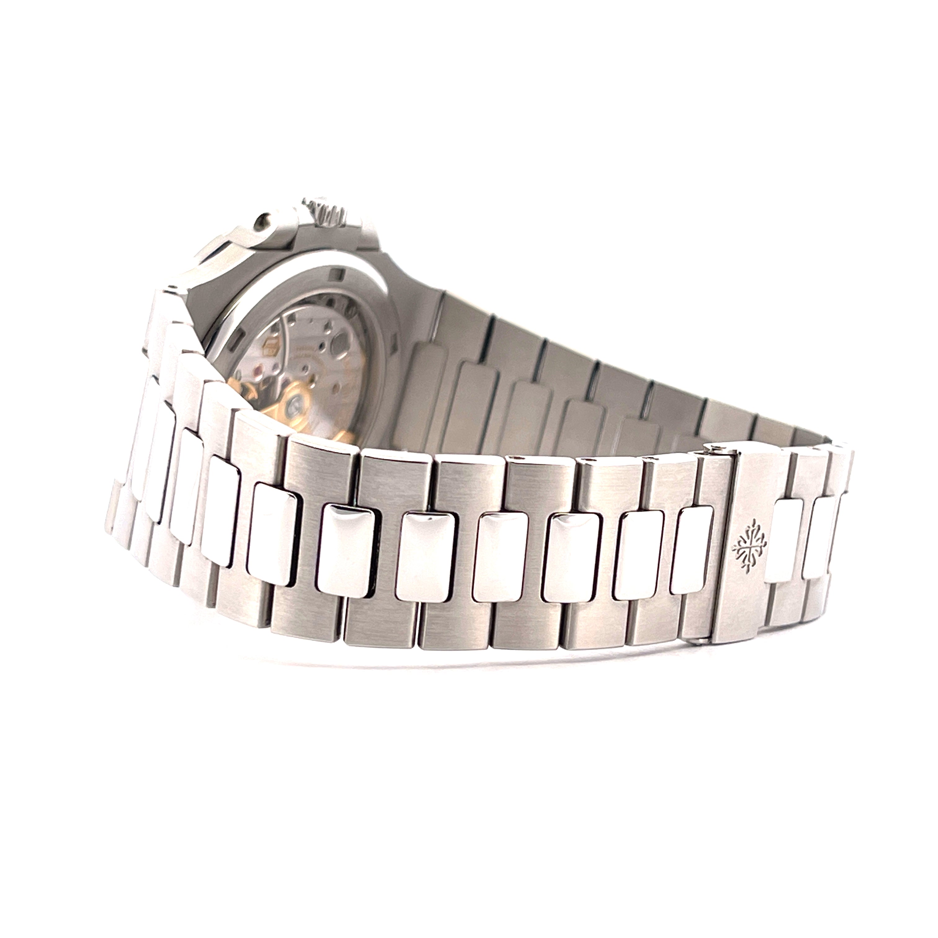 Patek Philippe Nautilus 5711/1A-010 aus Edelstahl mit Sichtboden und charakteristischem Armband, seitliche Ansicht