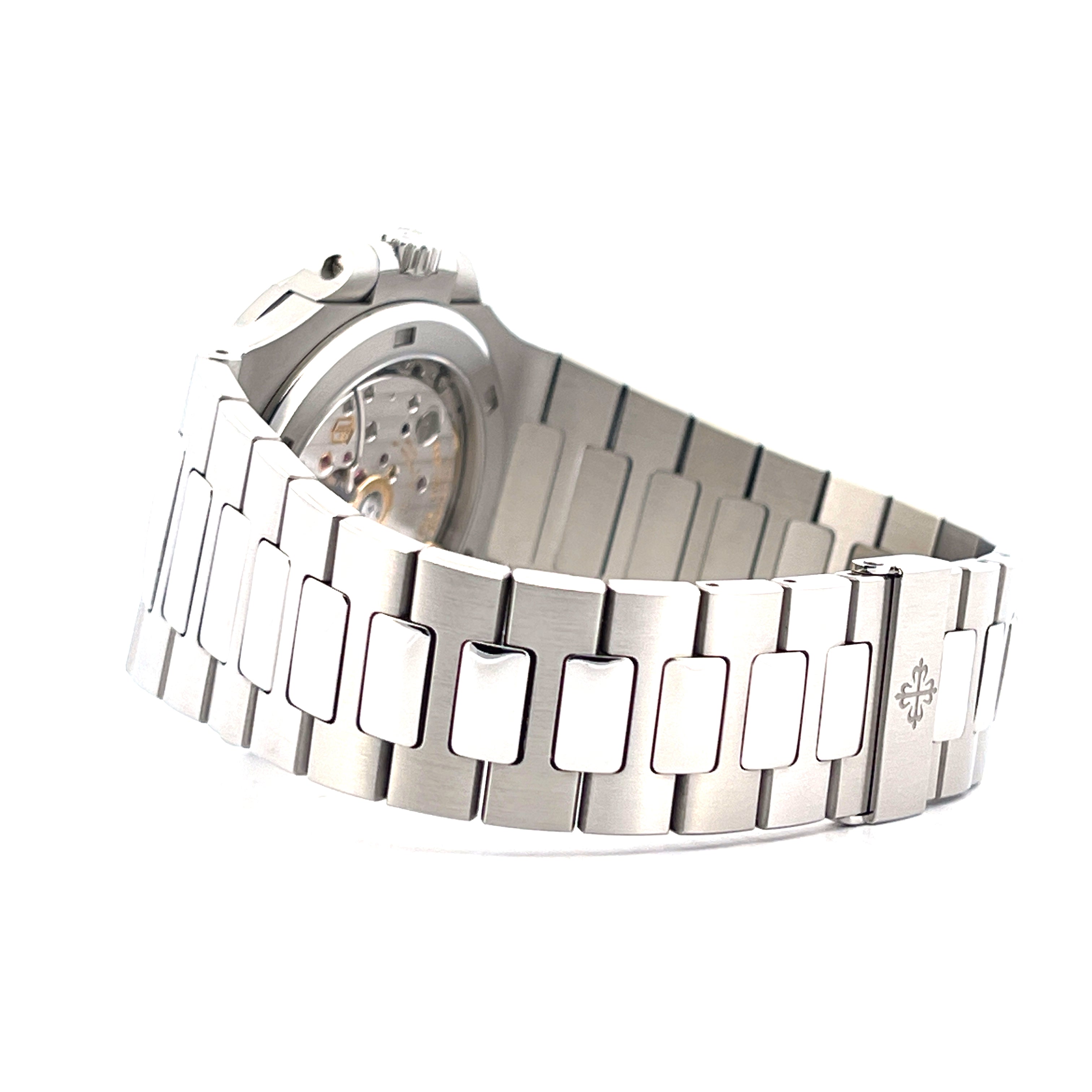 Patek Philippe Nautilus 5711/1A-014 Seitenansicht aus Edelstahl mit offenem Uhrwerk und Logo auf dem Armband