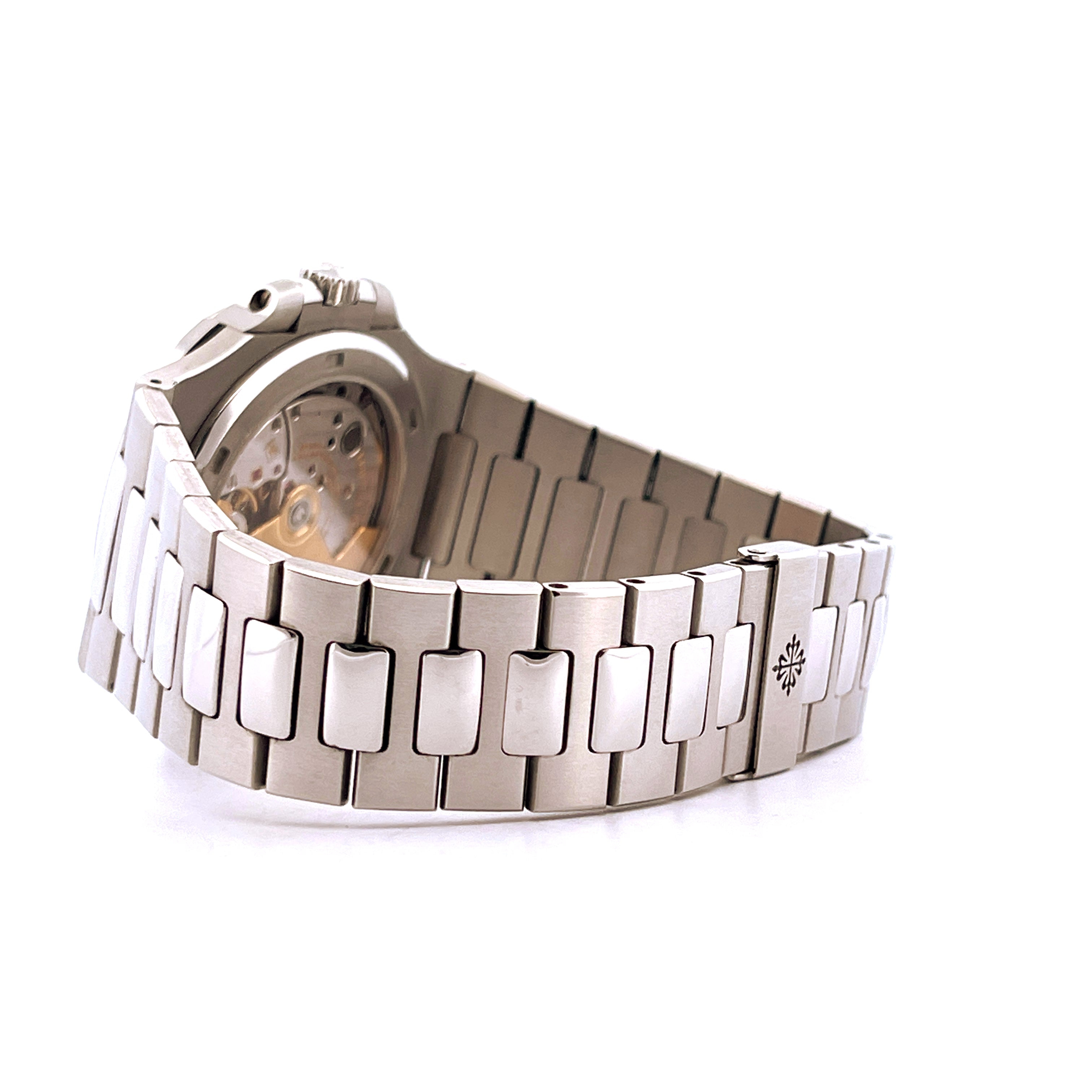 Seitenansicht einer Patek Philippe Nautilus 5711/1A-001 aus Edelstahl mit Sicht auf das Uhrwerk