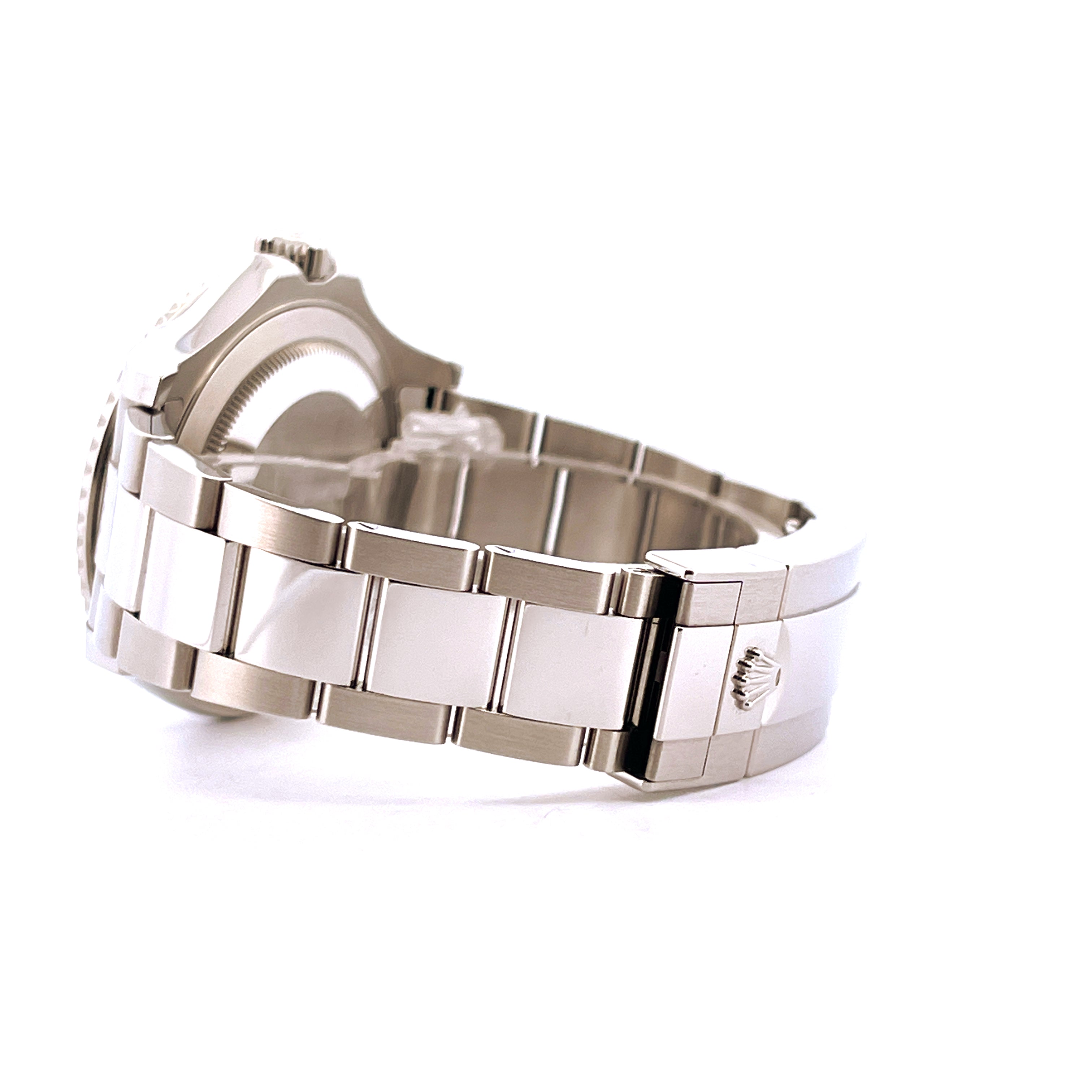 Rolex Yacht-Master 40 Rhodium Automatik aus Edelstahl, Seitenansicht mit Armband und Schließe