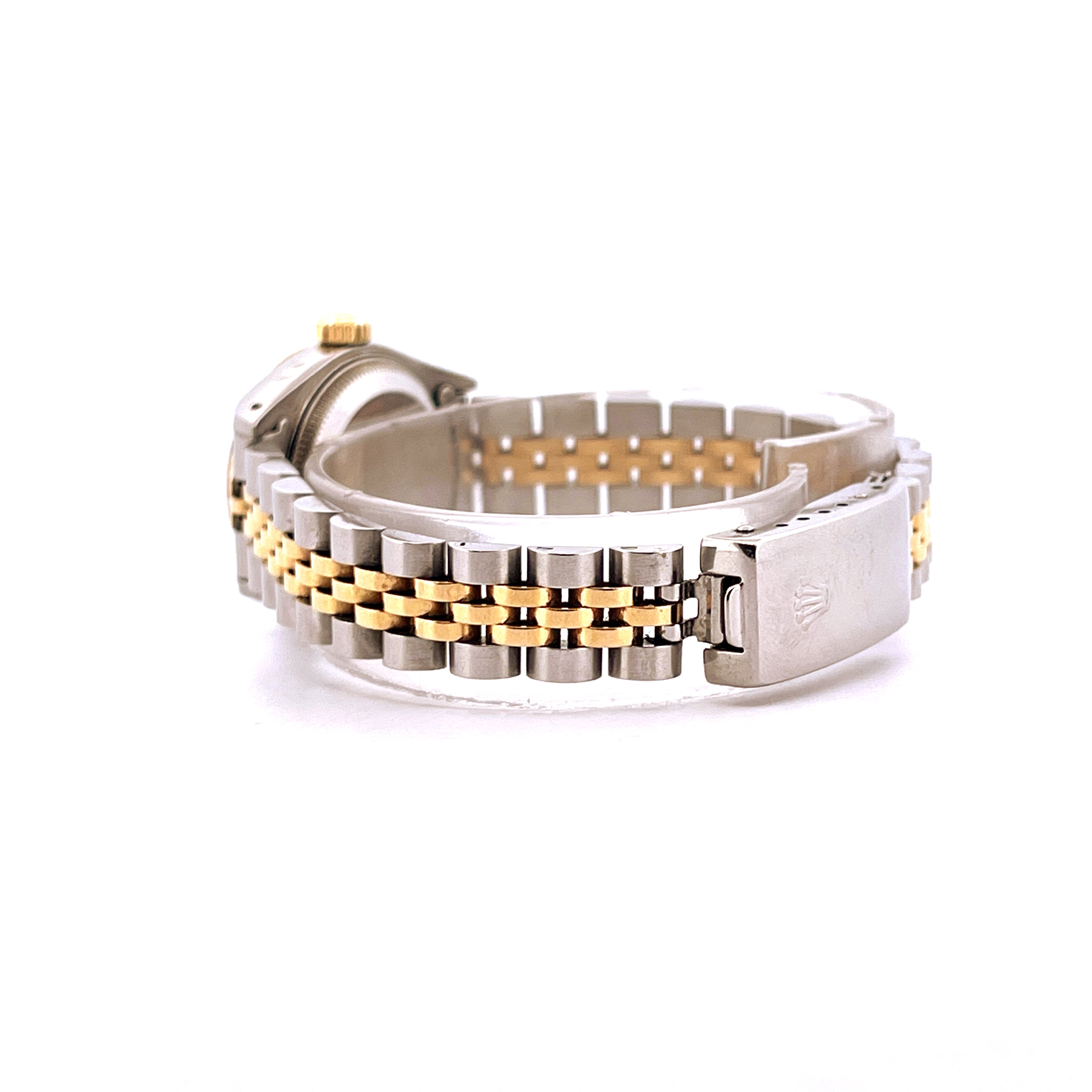 Seitenansicht einer Rolex Lady-Datejust 26mm aus Gold und Stahl mit Jubilé-Armband