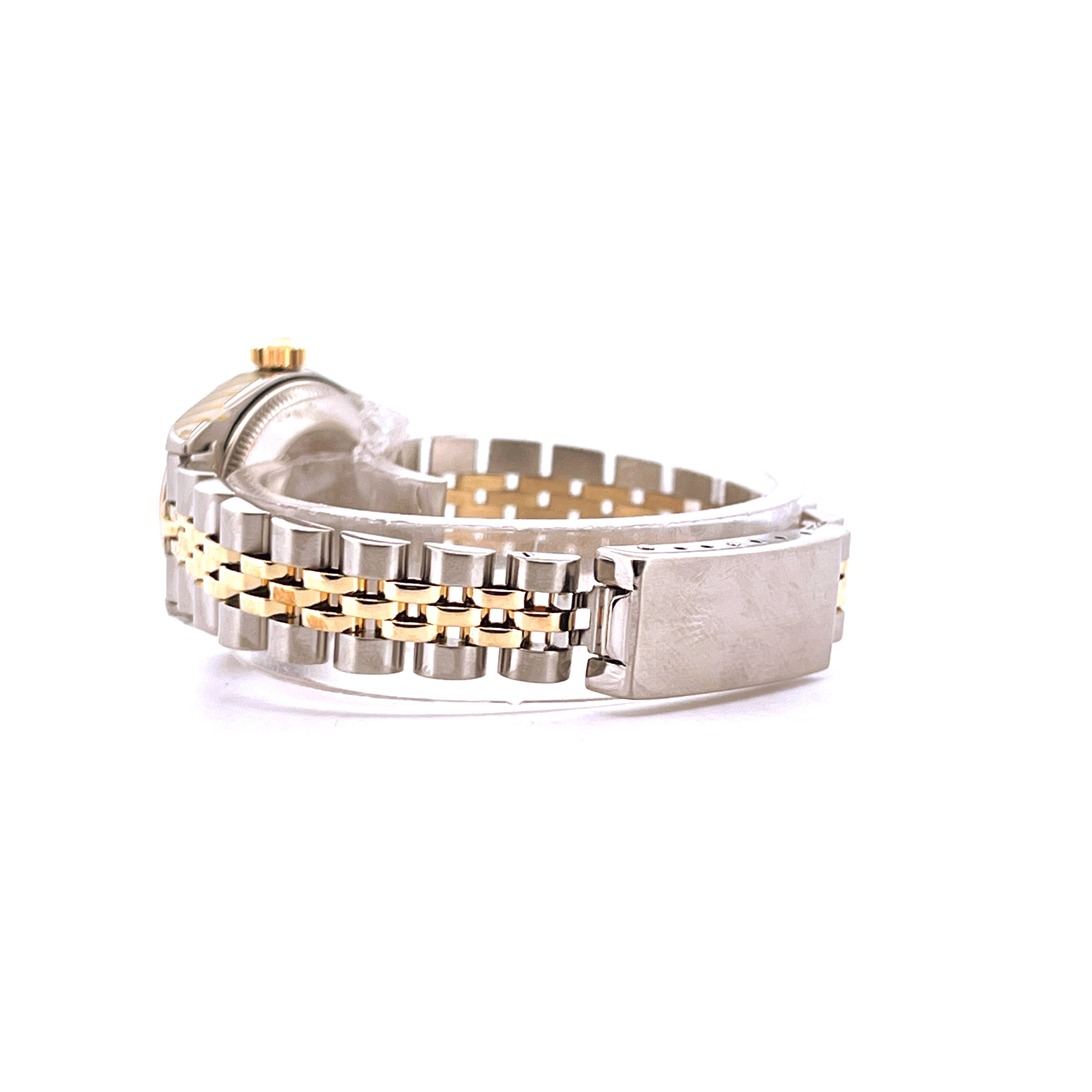 Rolex Lady-Datejust Armband aus Stahl und Gold, Seitenansicht auf weißem Hintergrund