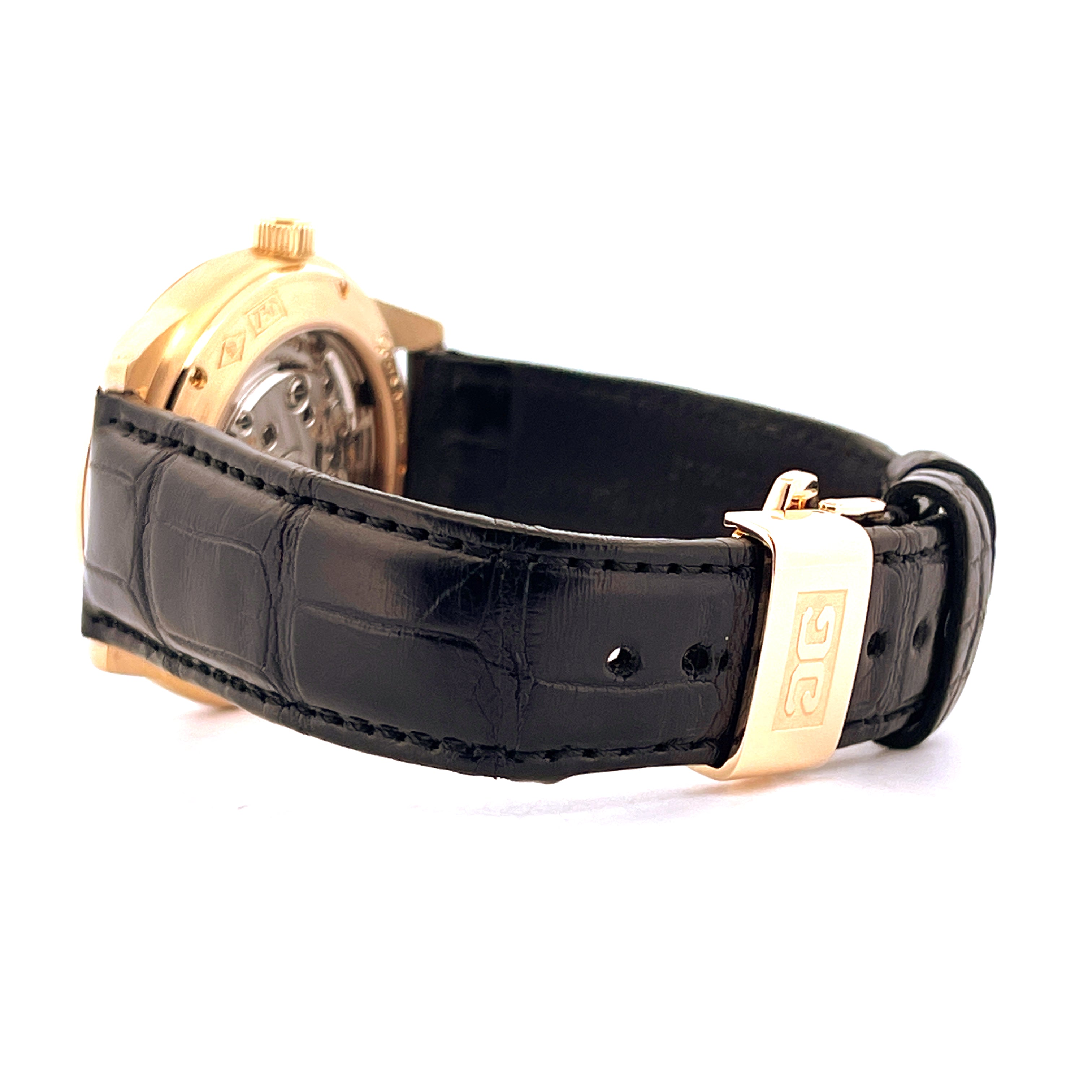 Glashütte Original Senator Moonphase, Detail der roségoldenen Schließe und schwarzes Krokolederband