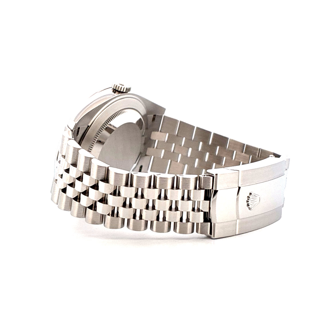 Rolex Datejust 41 blaue Zifferblatt Stahl Armband Schließe mit Logo von der Seite