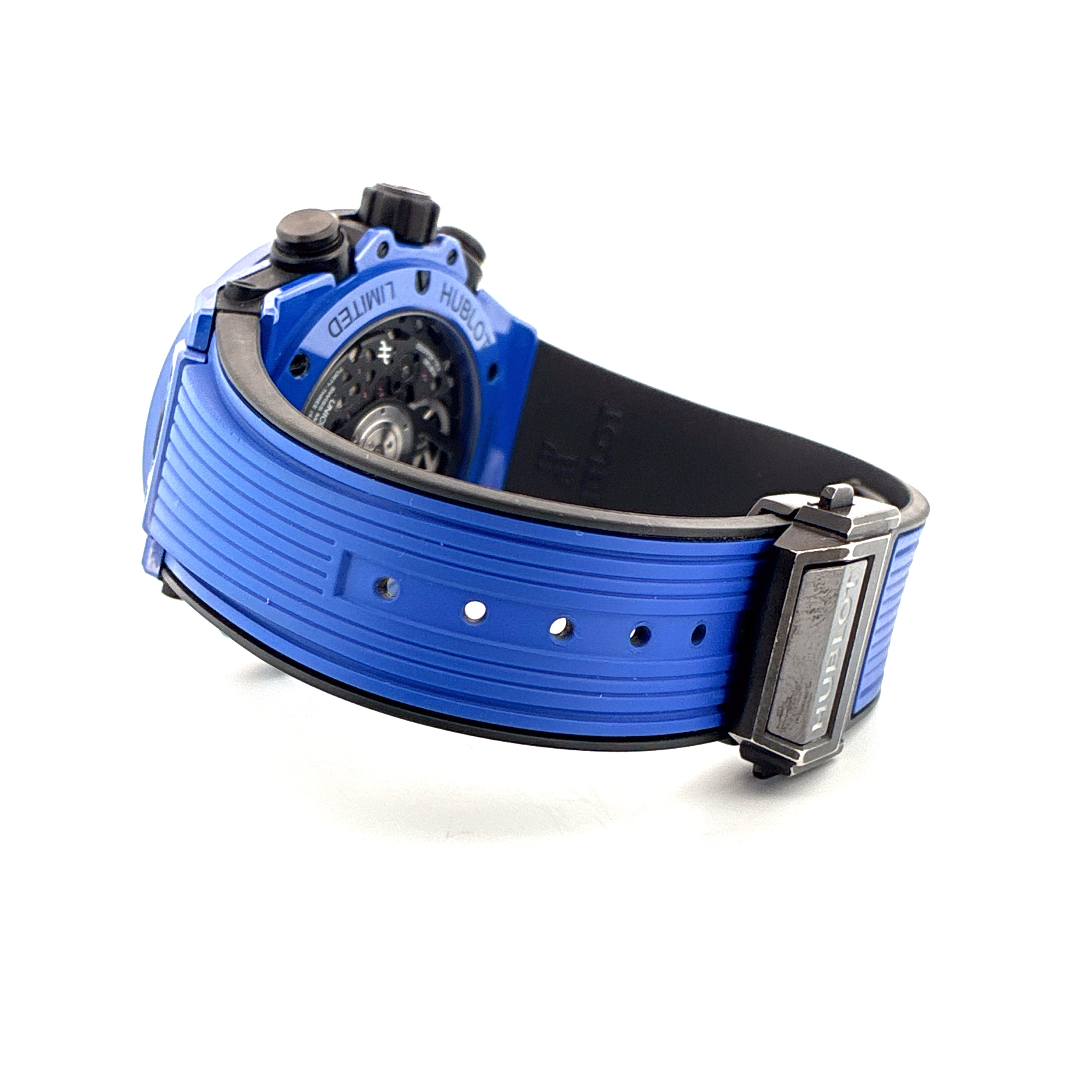 Hublot Big Bang Unico Blue Magic Keramik Automatik mit blauem Kautschukband Seitenansicht