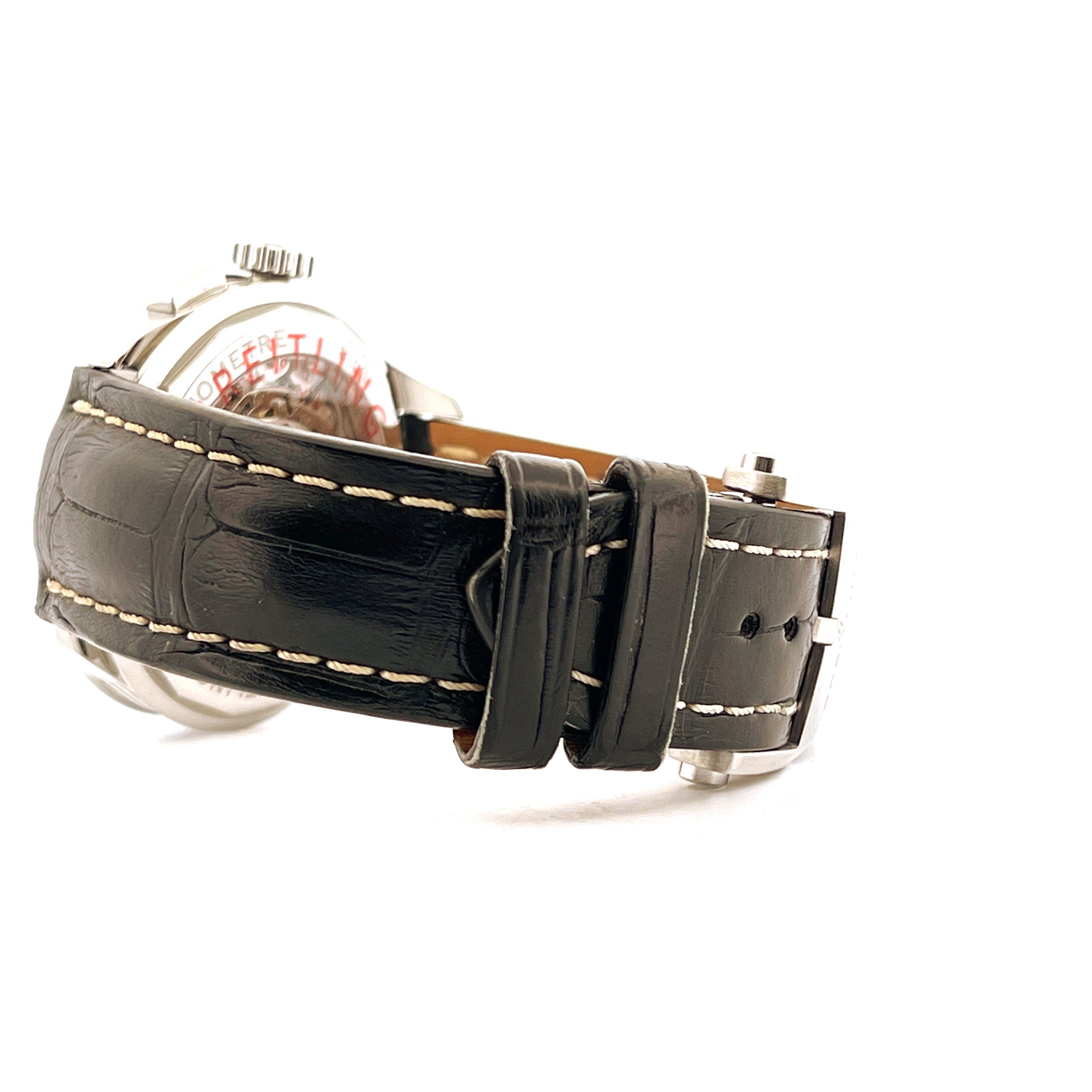 Breitling Premier B01 Chronograph 42 Seitenansicht mit schwarzem Krokodillederarmband