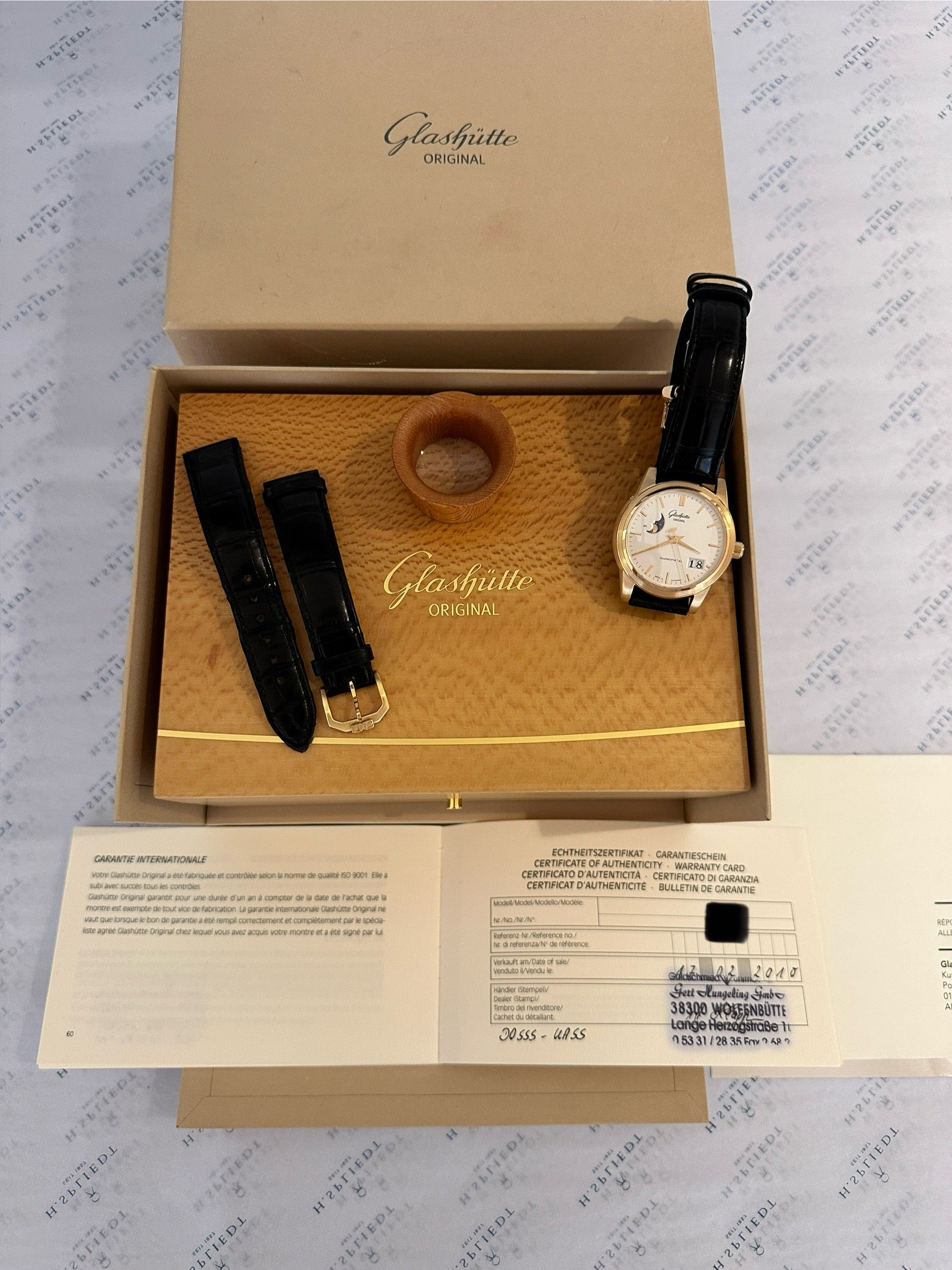 Glashütte Original Senator Moonphase Panorama Roségold (2010) mit Zertifikat und Ersatzarmband im Karton