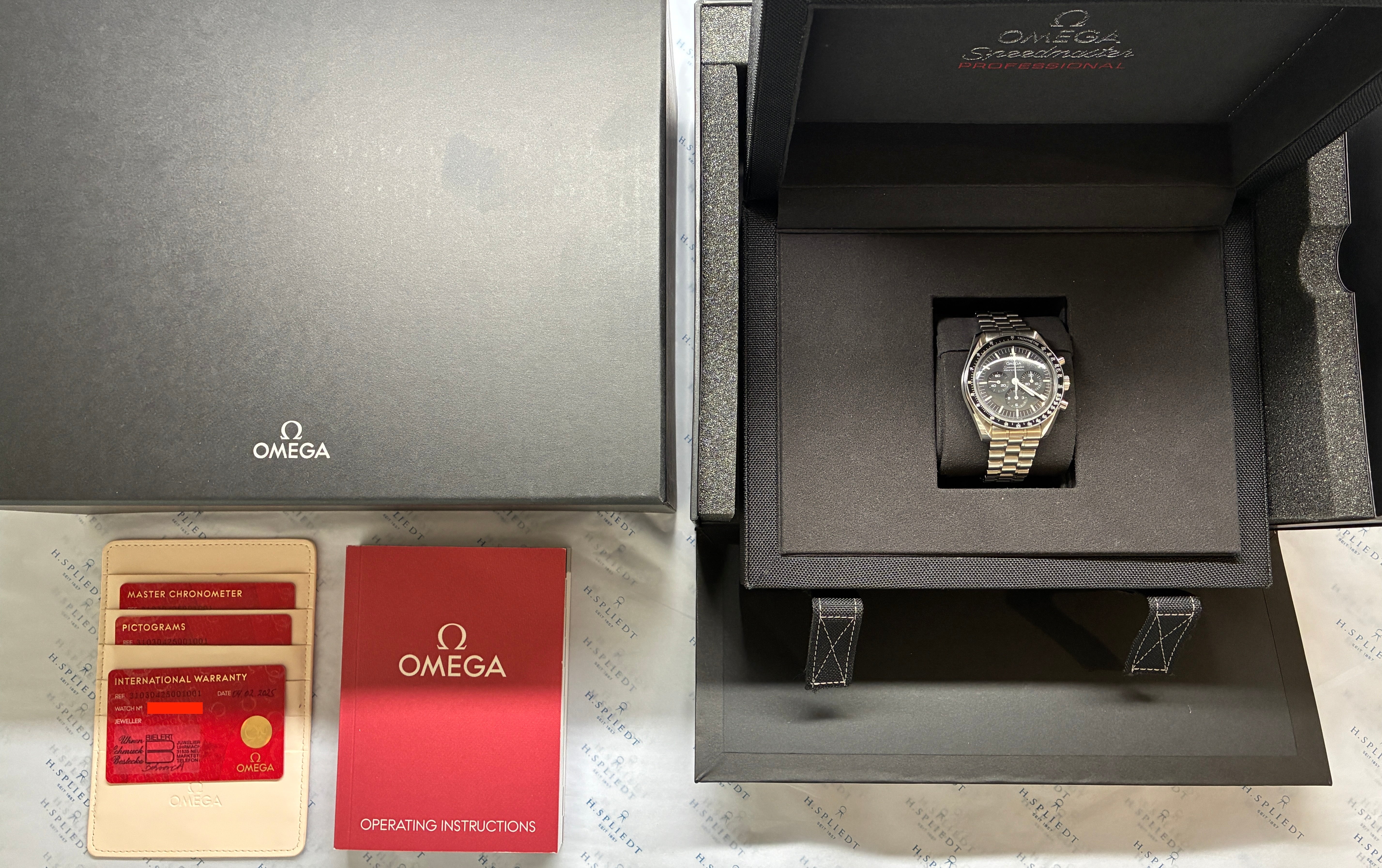 Omega Speedmaster Professional Moonwatch im Full-Set mit Hesalit-Glas, 42mm Edelstahlgehäuse, Automatikwerk und Garantieka…