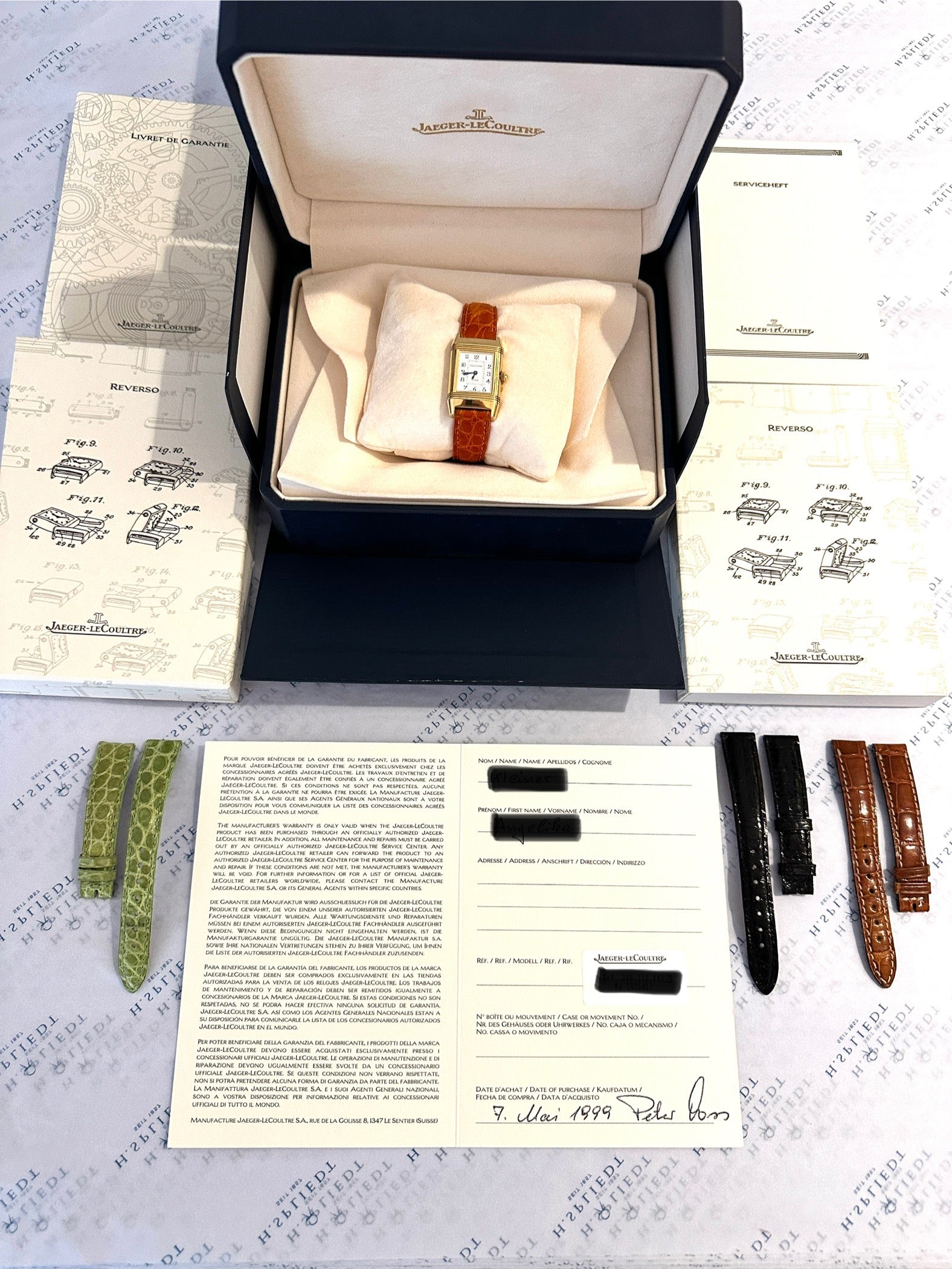 Jaeger-LeCoultre Reverso Duetto Gelbgold Uhr im geöffneten Etui mit Zubehör und Garantieschein
