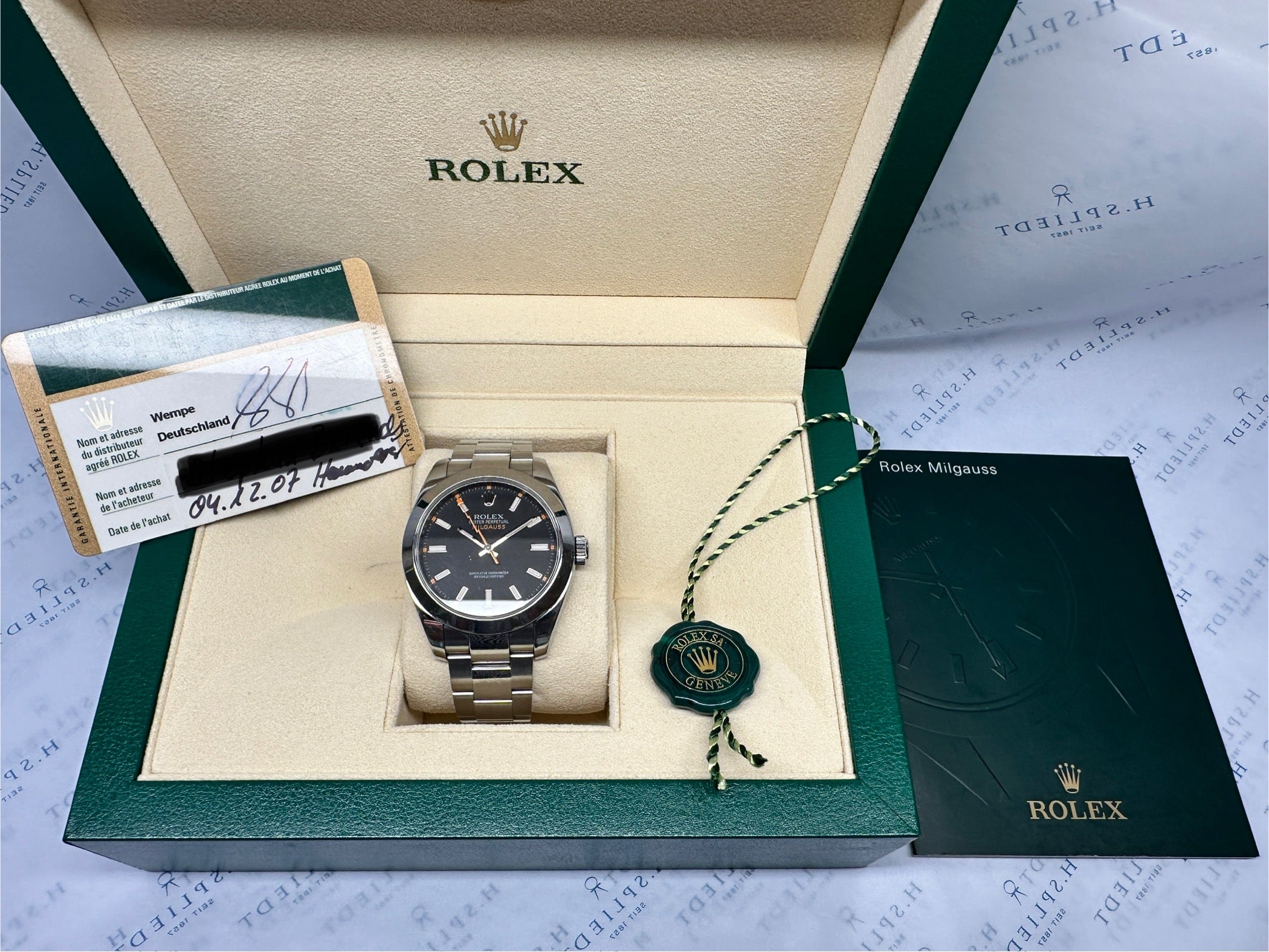 Rolex Milgauss 116400 in Box mit Papieren, Stahlgehäuse, schwarzes Zifferblatt, aus dem Jahr 2007