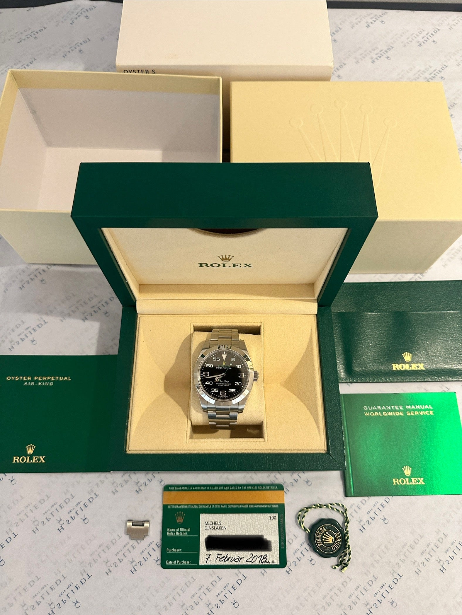 Rolex Air King 116900 im Set mit Box, Garantiekarte vom 07. Februar 2018, Siegel und Anleitung