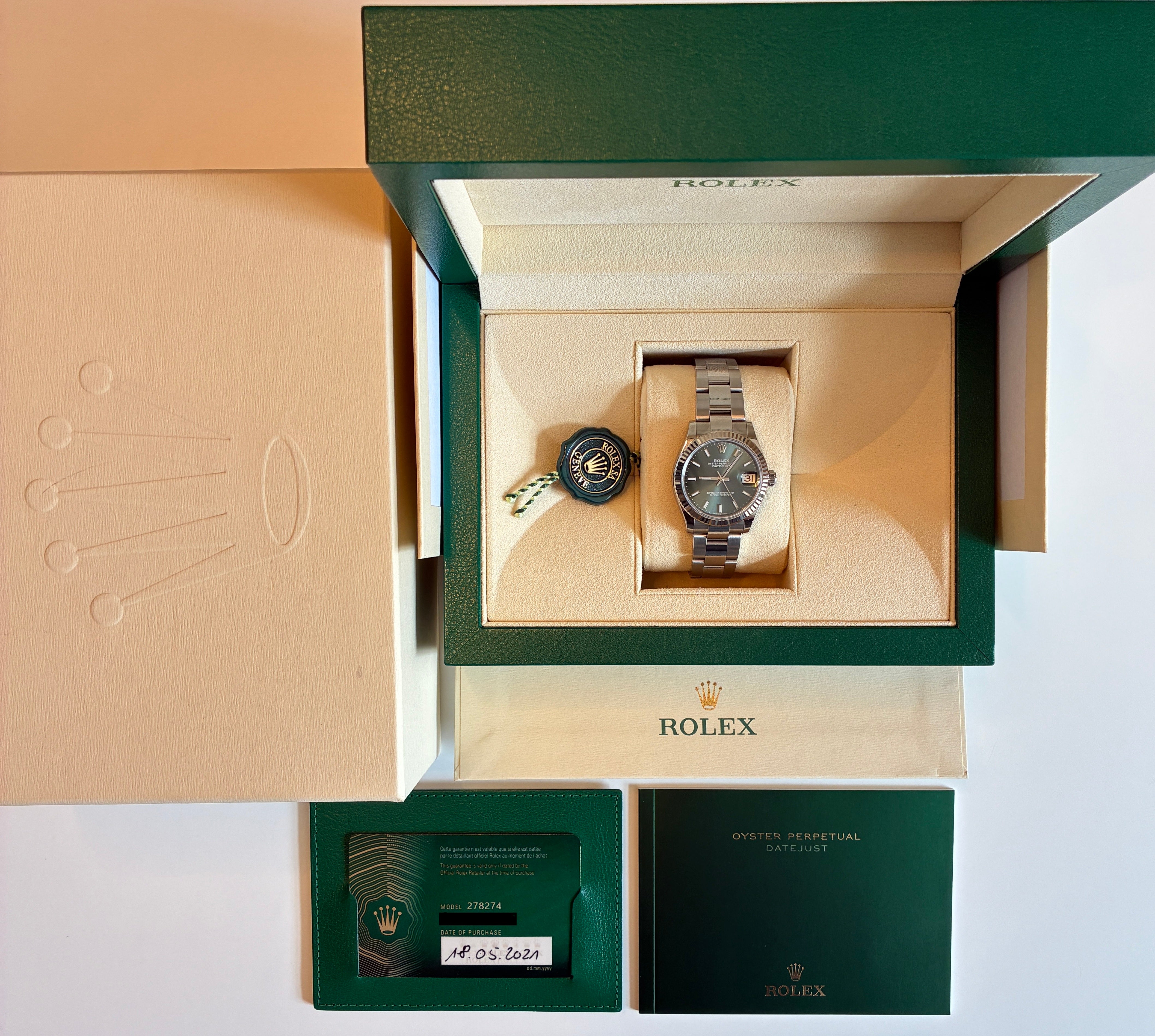 Rolex Datejust 31 im Full-Set mit grünen Zifferblatt und Stahlarmband, neuwertig