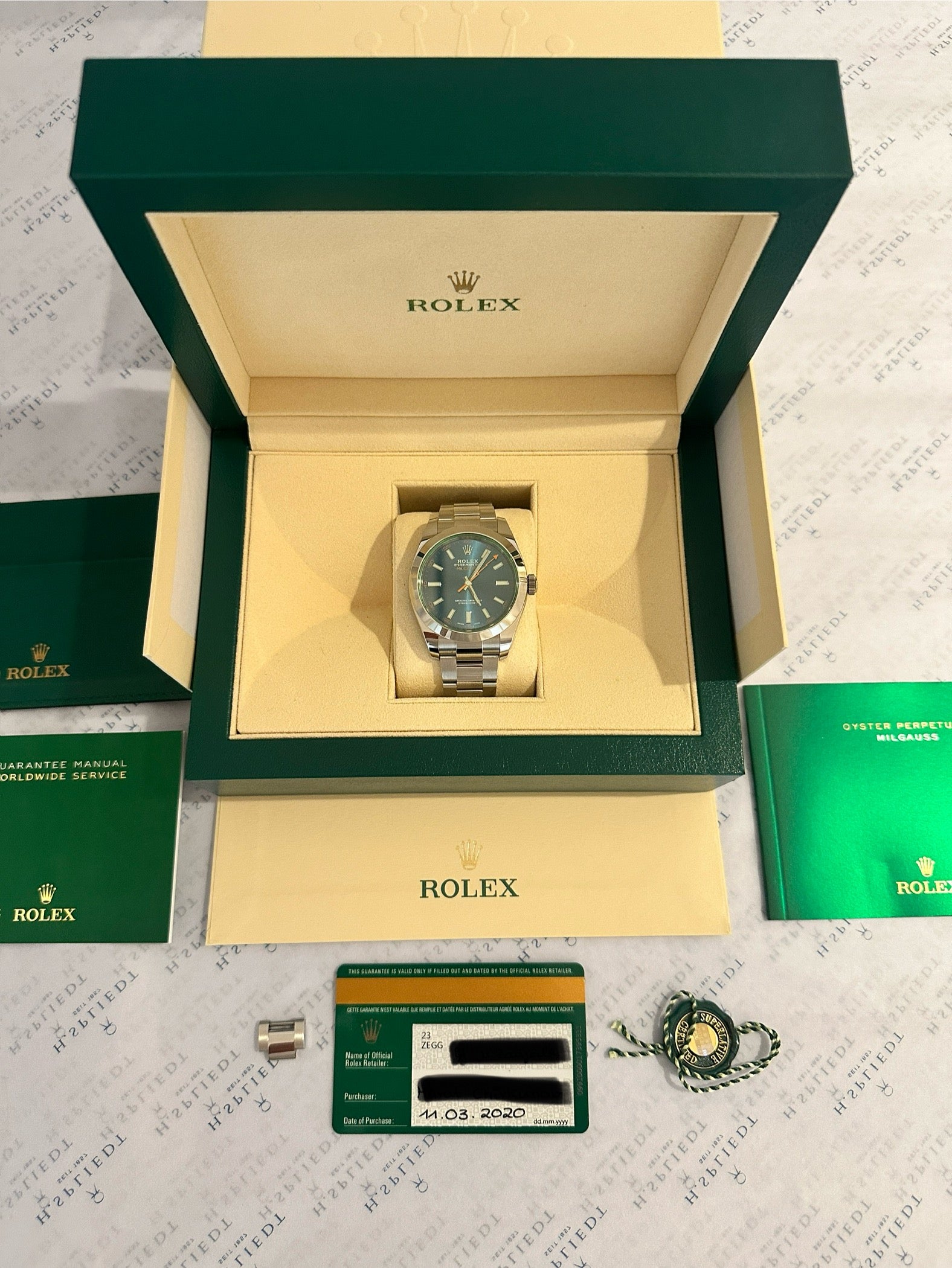 Rolex Milgauss Blue Dial im grünen Karton mit Garantieschein und Zusatzglied