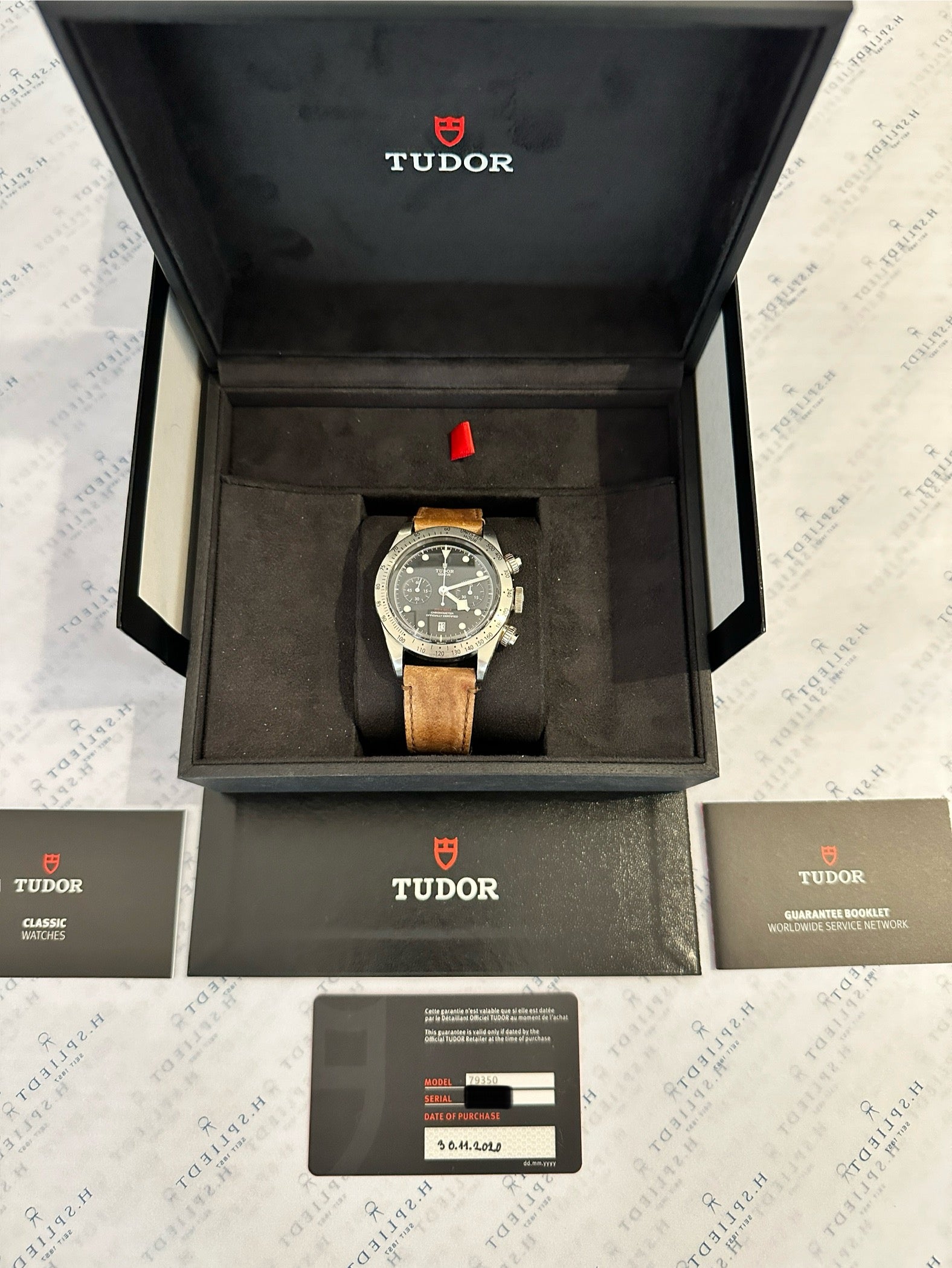 Tudor Black Bay Chrono (2020) in Stahl mit braunem Lederband, mit Garantiekarte und Box