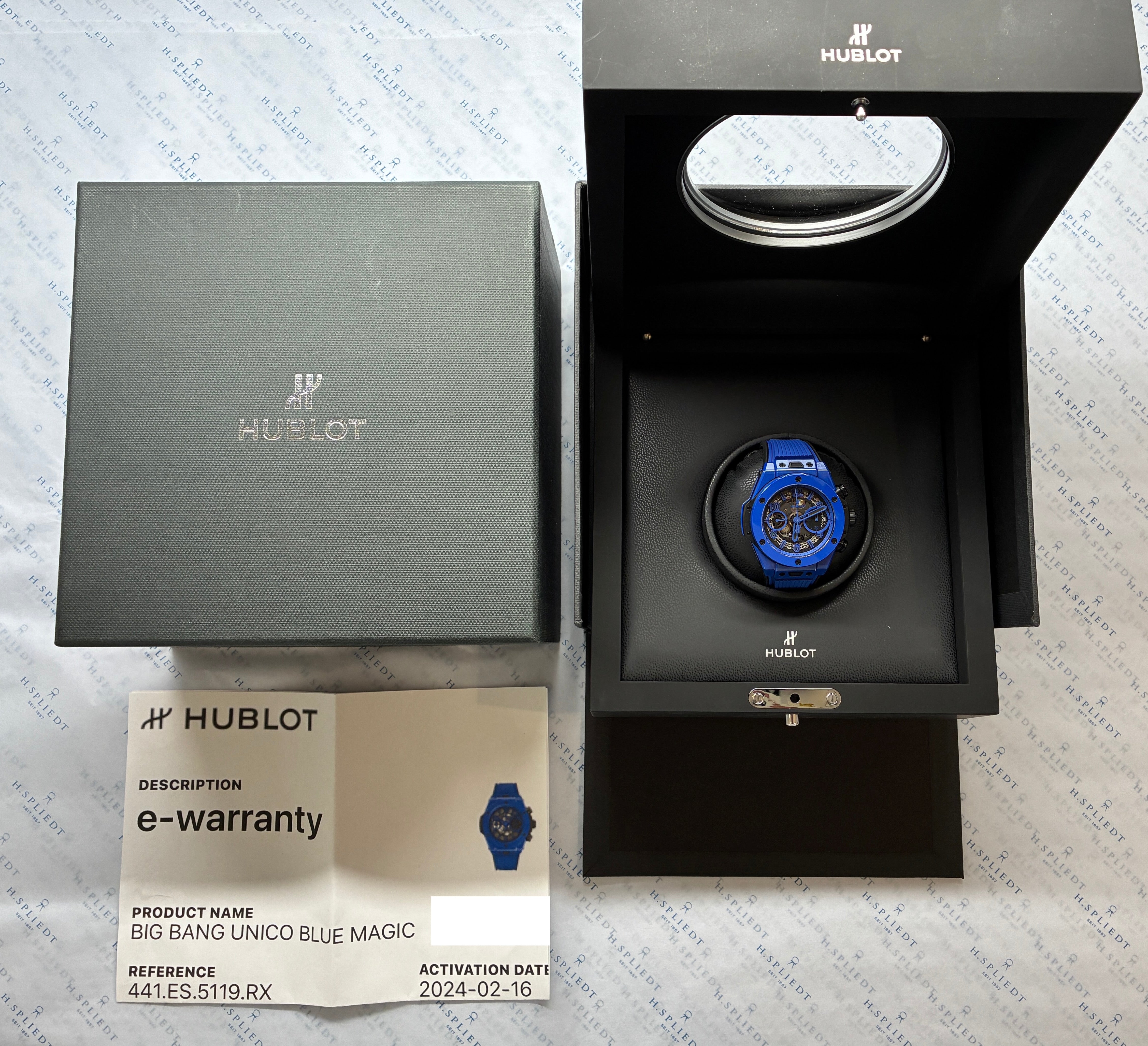 Hublot Big Bang Unico Blue Magic Box und Papiere aus Keramik mit blauem Armband