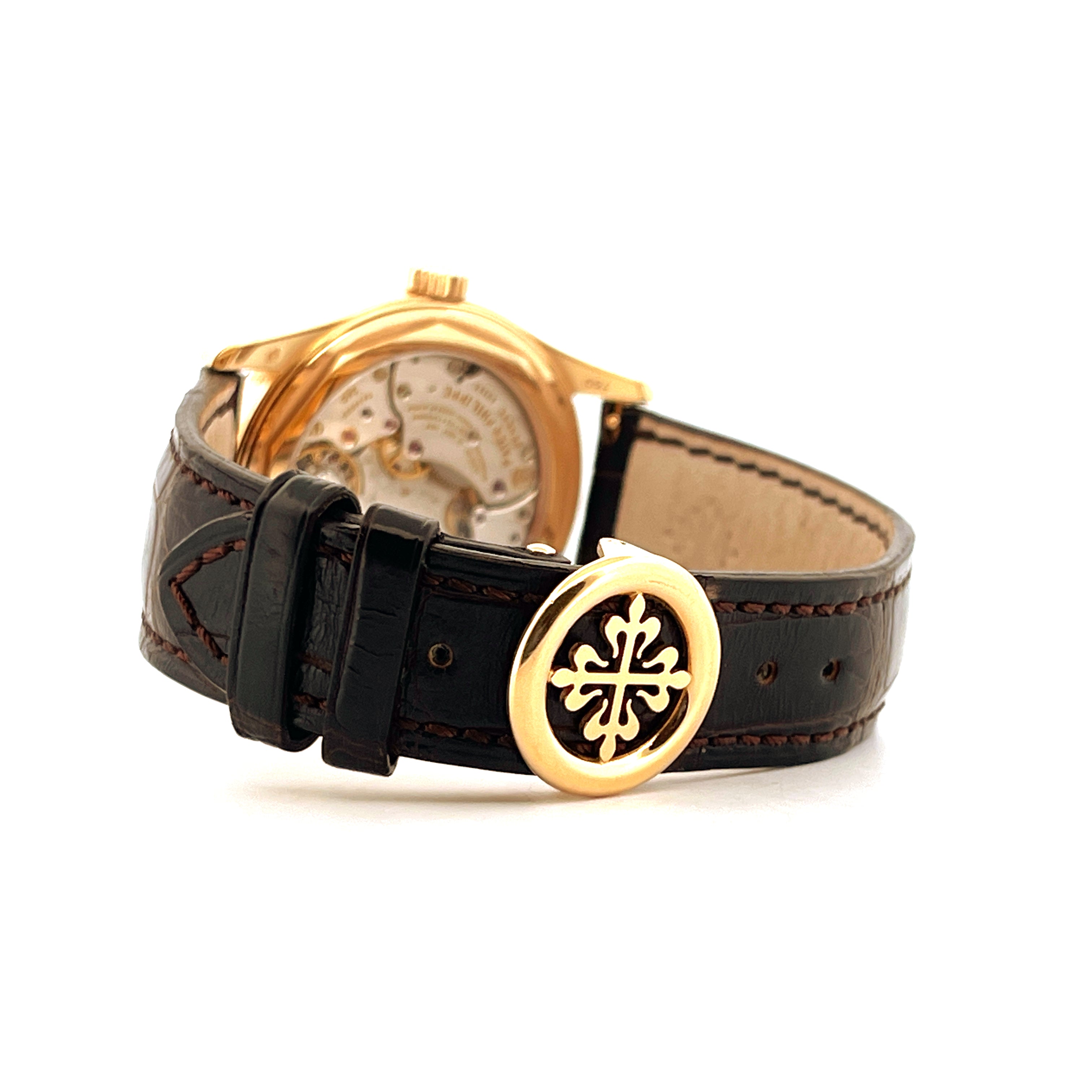Patek Philippe Calatrava 6000R-001 Seitenansicht mit roségoldenem Gehäuse und schwarzem Lederarmband