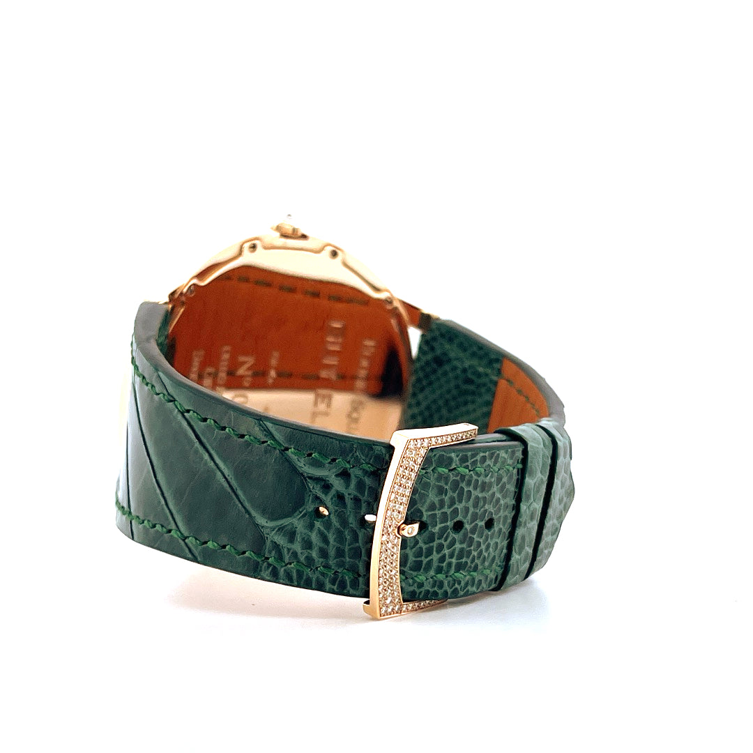 Guy Ellia Round Square Circle Roségold-Uhr mit grünen Krokodil-Lederarmband und Diamantbesatz an der Schließe