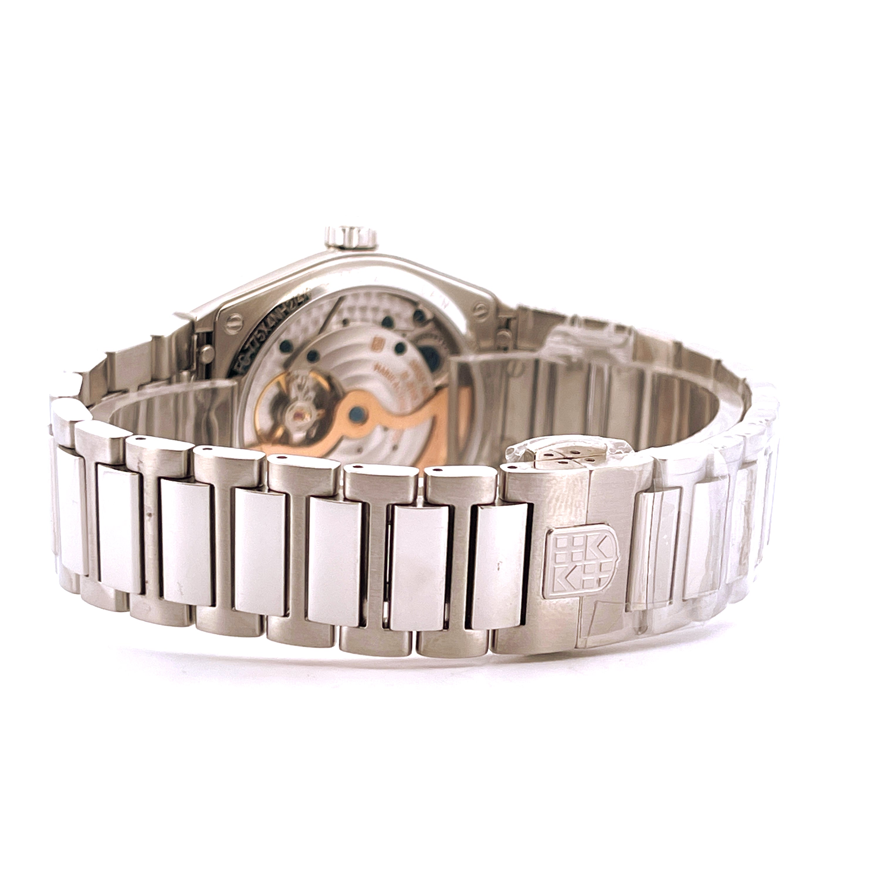 Rückseitenansicht einer Frederique Constant Highlife Perpetual Calendar Manufacture Automatique Uhr mit Sichtboden aus Ede…