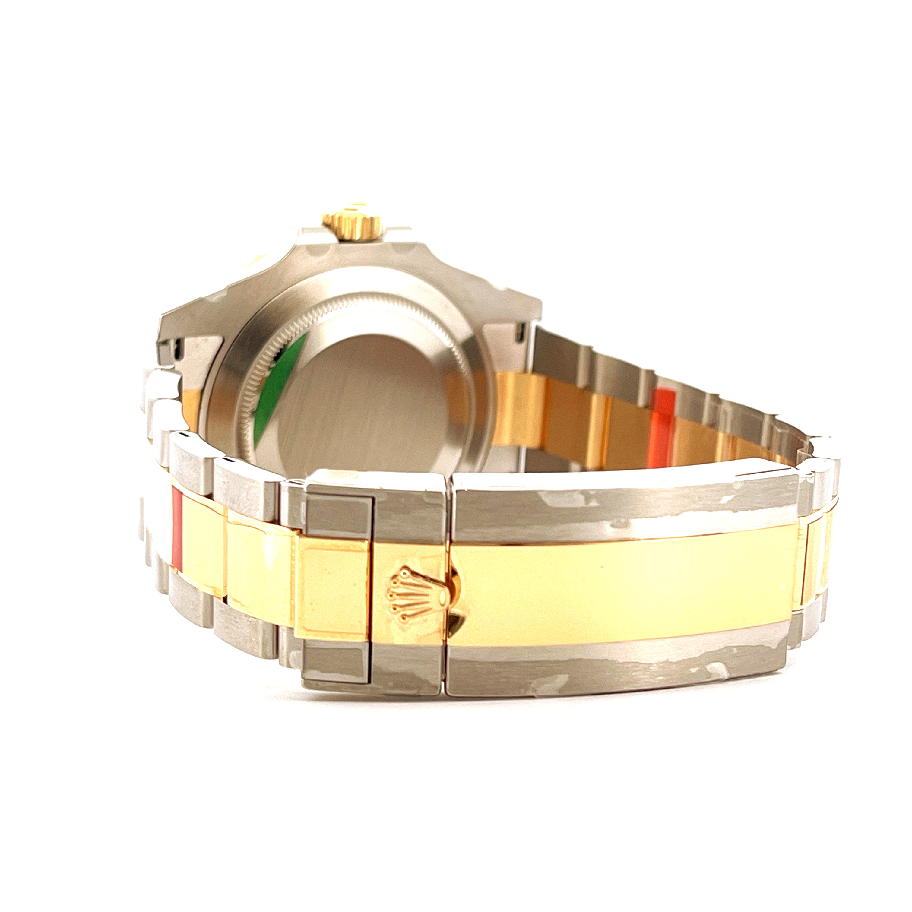 Rolex Submariner Date 126613LB Bicolor, Seitenansicht der Schließe mit Krone und bicolor Armband