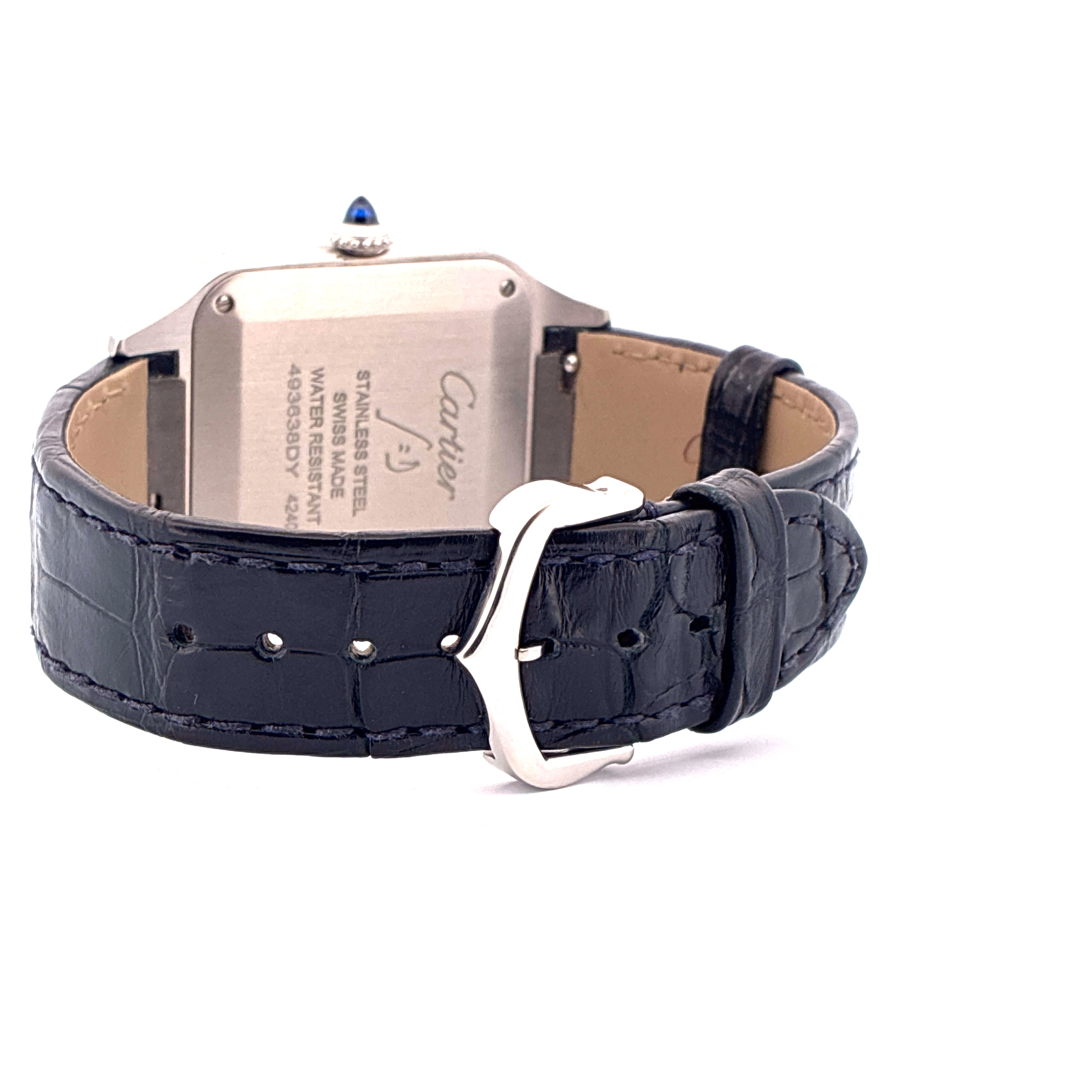 Cartier Santos Dumont Rückseite aus Edelstahl mit schwarzem Lederarmband und Silberschließe