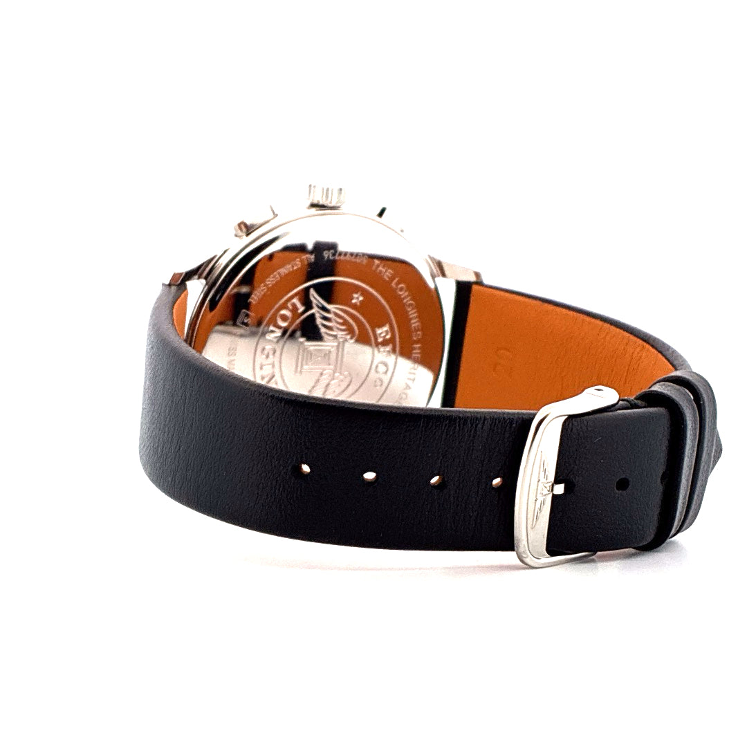 Longines Heritage Classic Automatic 40 mm Edelstahl mit schwarzem Lederarmband und silberner Schließe