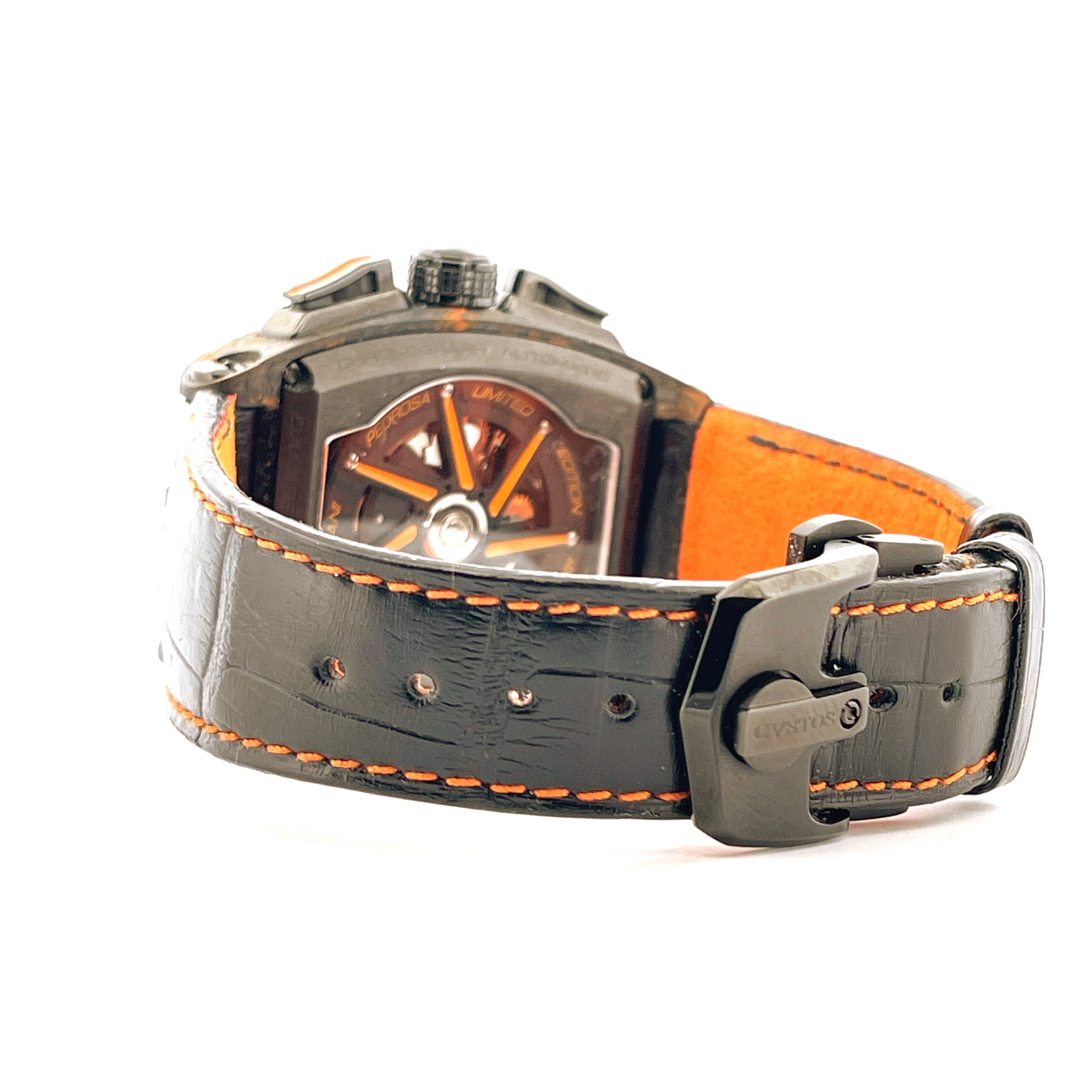 Cvstos Challenge II Chrono DANI PEDROSA Limited Edition von der Seite mit schwarzem Kroko-Armband und orangefarbener Naht