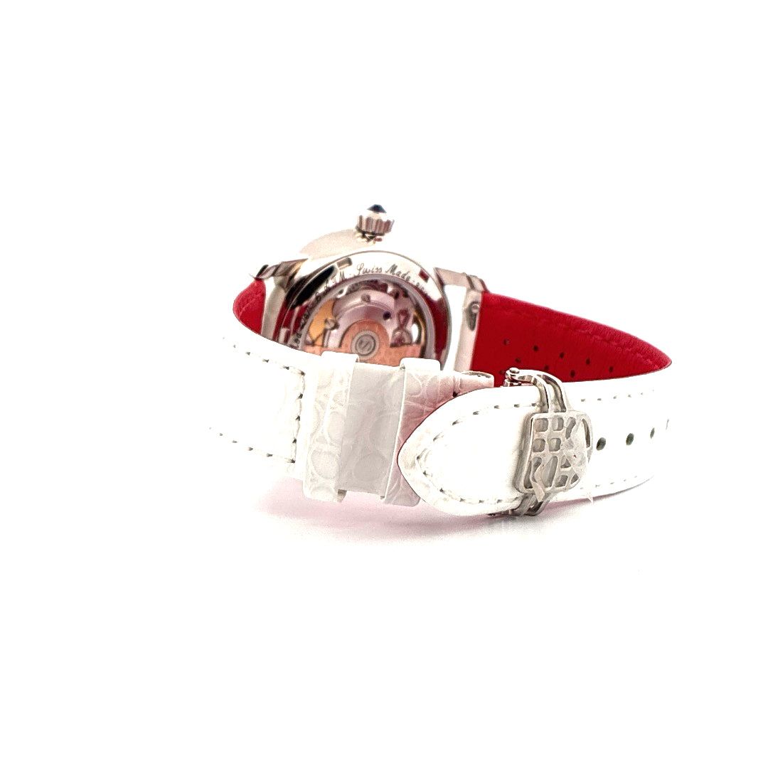 Frederique Constant Ladies Automatic Double Heart Beat 34mm mit weißem Alligatorlederarmband Rückansicht
