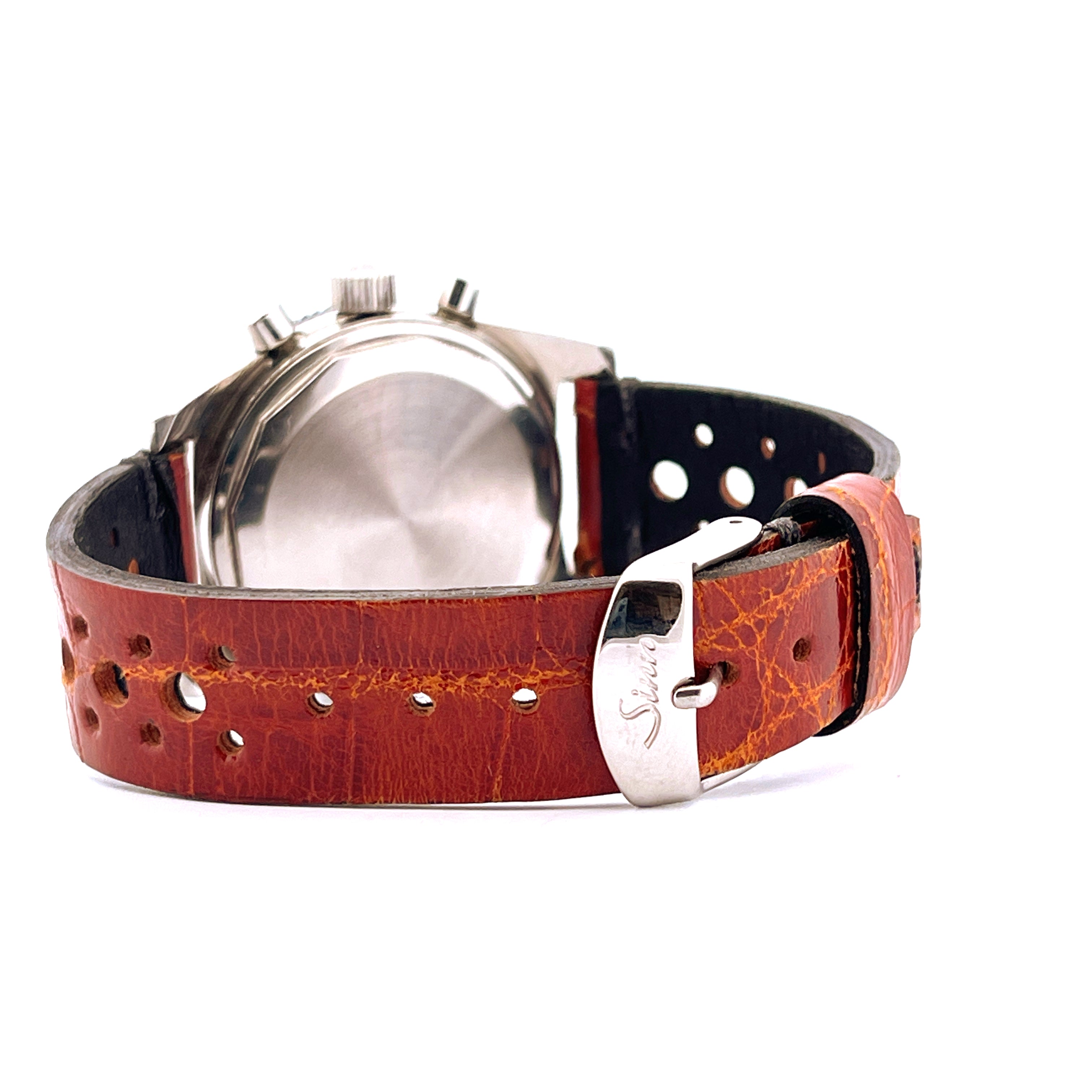 Sinn Vintage Chronograph 102A Rückansicht Stahlgehäuse mit braunem Lederband und Schließe