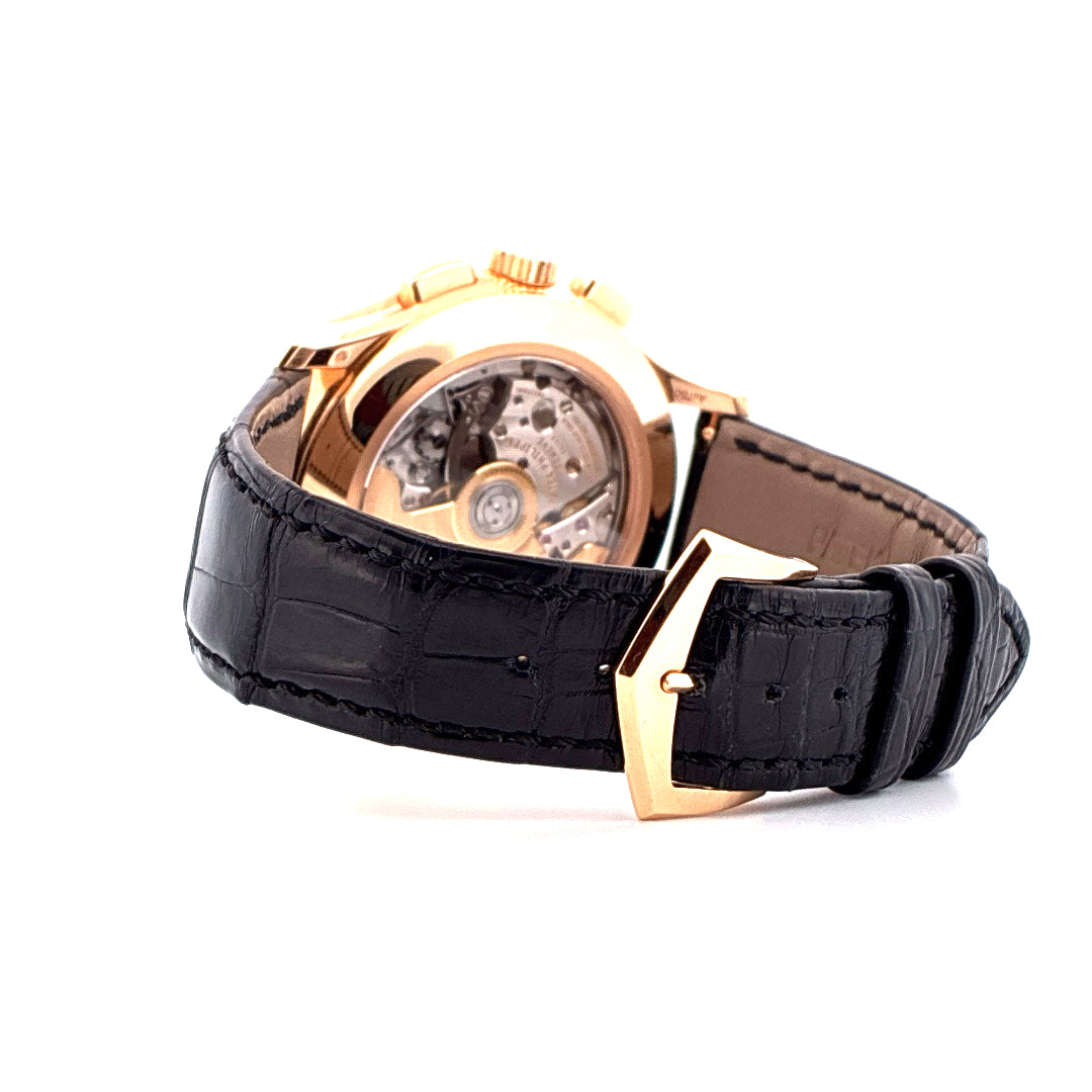 Patek Philippe Annual Calendar Chronograph Roségold mit schwarzem Krokolederarmband Rückansicht
