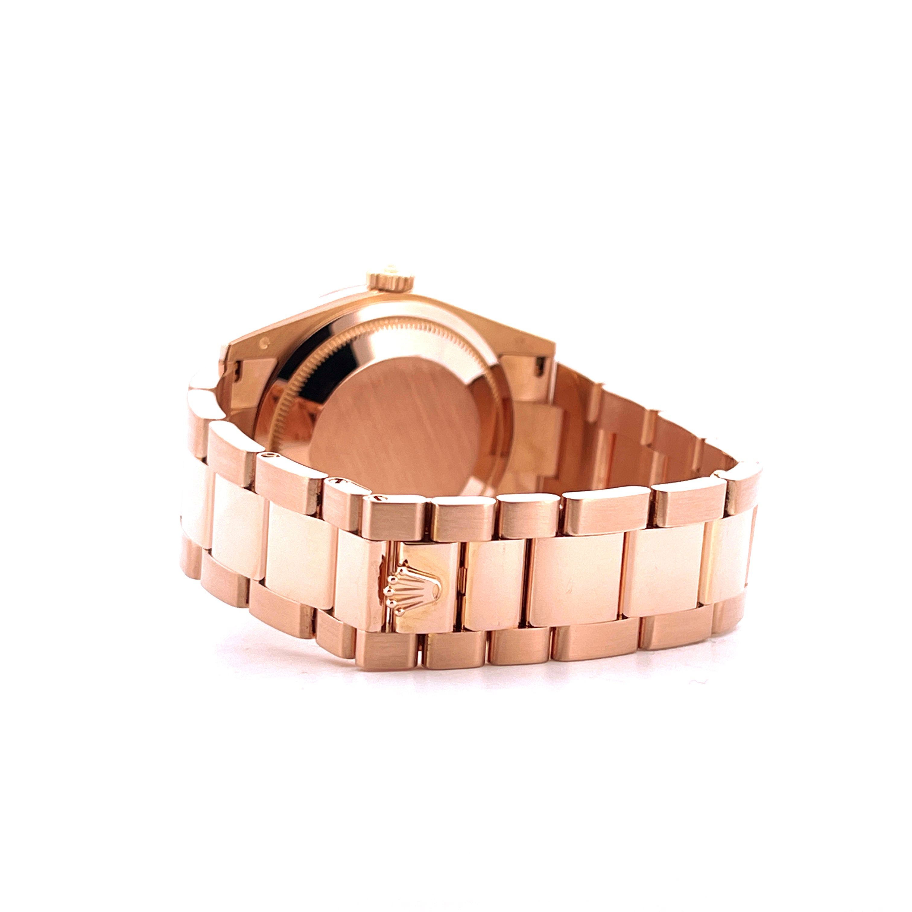 Rolex Day-Date 36 Roségold Automatik Uhr Seitenansicht mit Oyster-Armband und Schließe