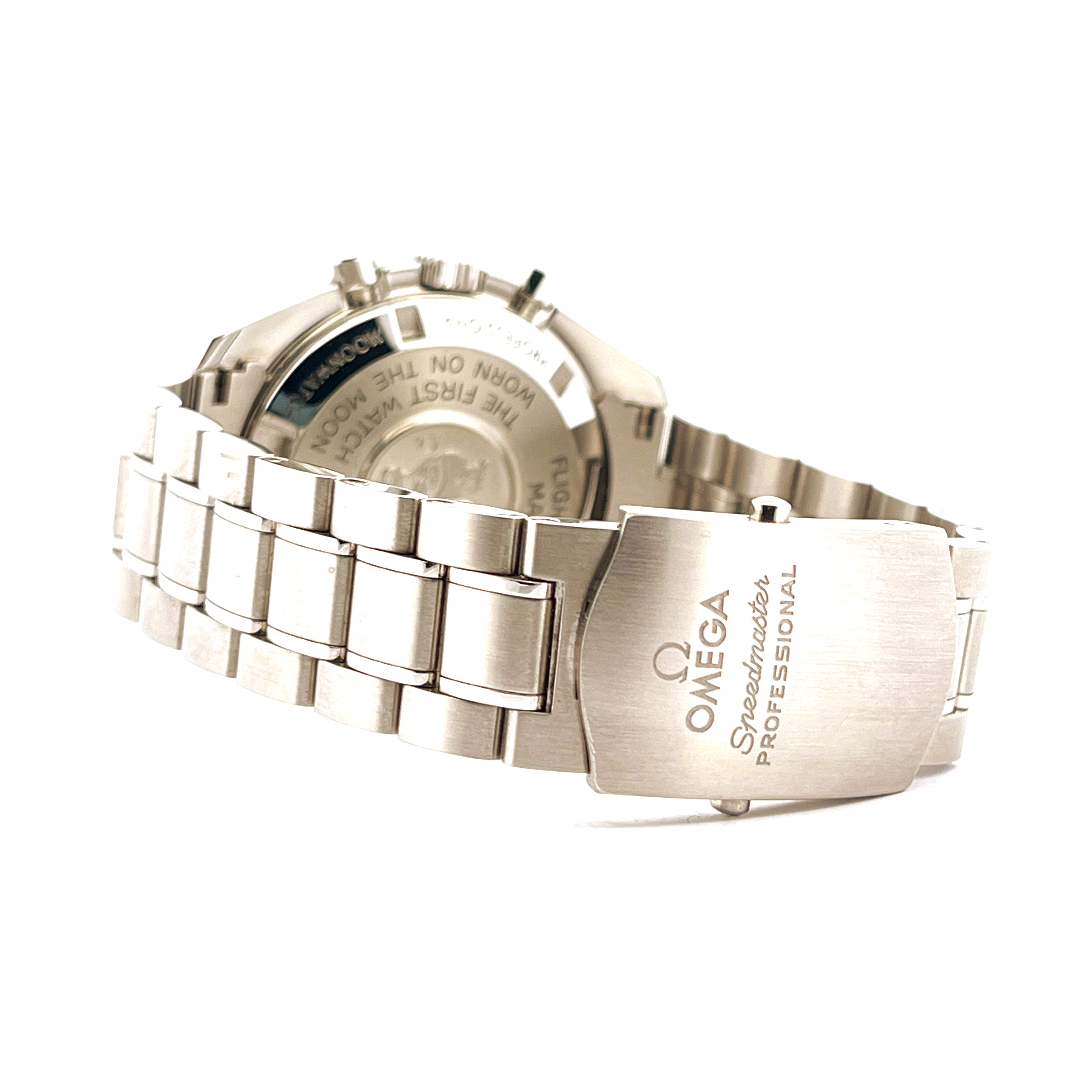 Omega Speedmaster Professional Moonwatch von der Rückseite, mit Edelstahl-Armband und Schließe