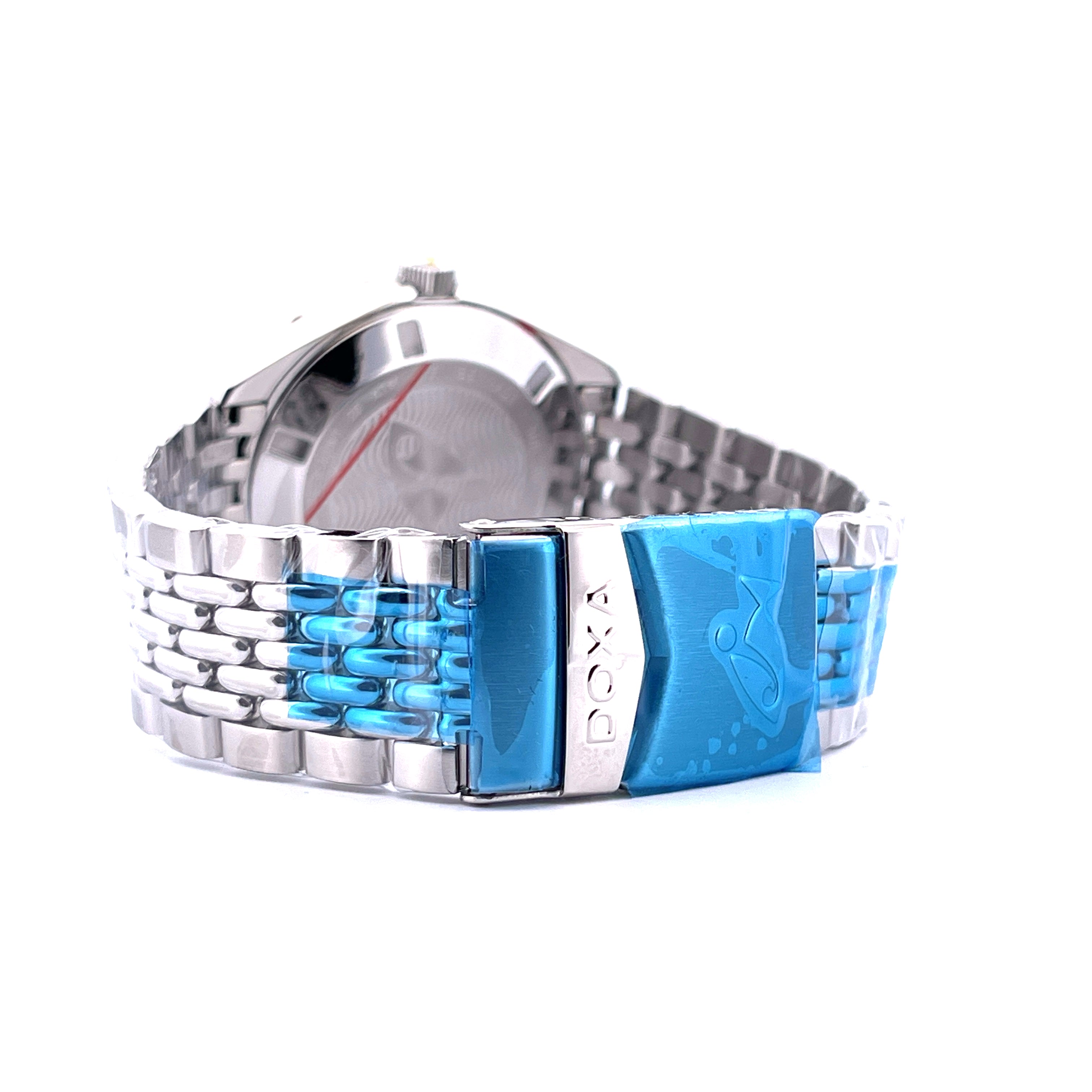 Doxa Sub 200 Divingstar Yellow: Seitenansicht des Edelstahlgehäuses mit blau geschützter Schließe und Armband