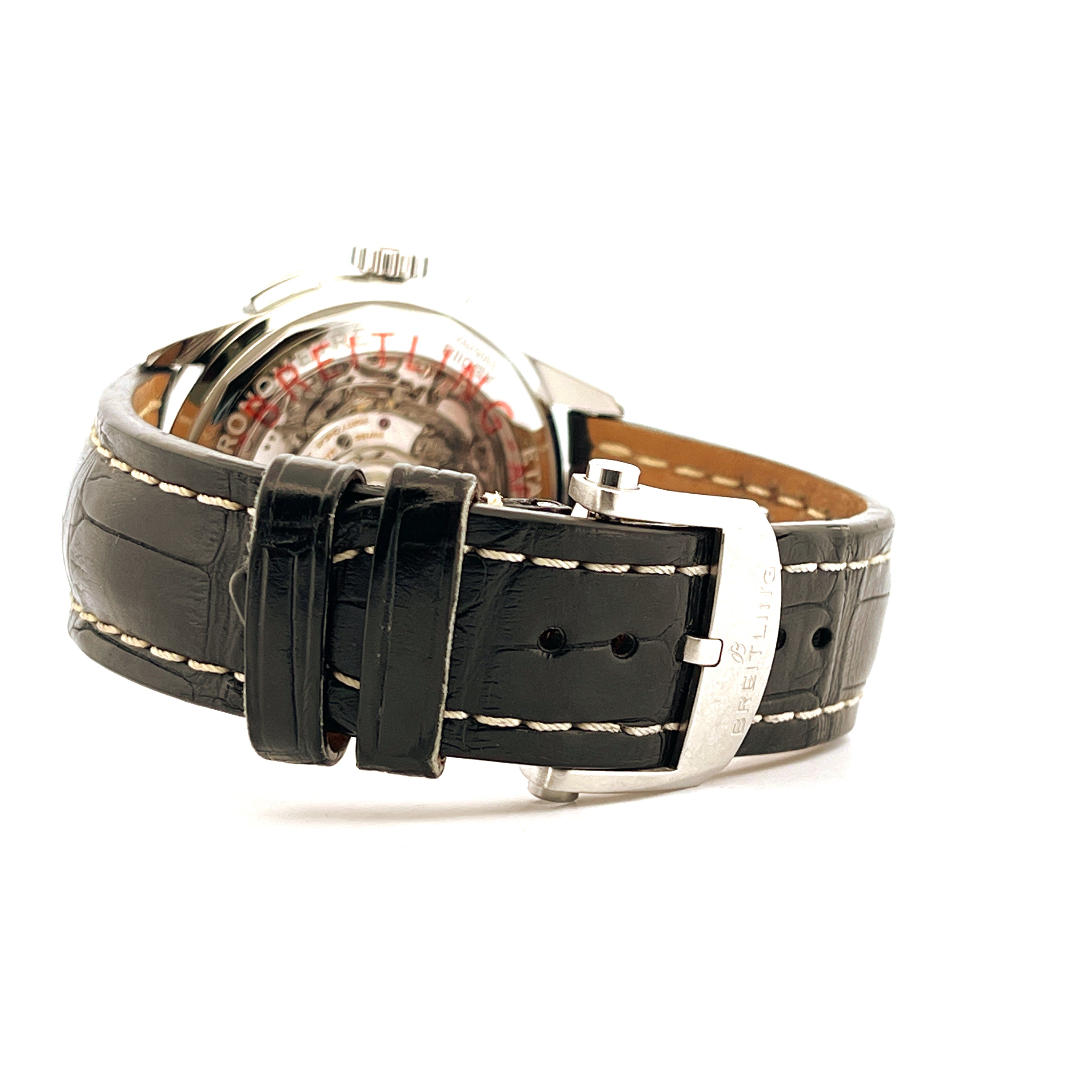 Breitling Premier B01 Chronograph 42, Rückansicht mit schwarzem Krokolederarmband und Schließe