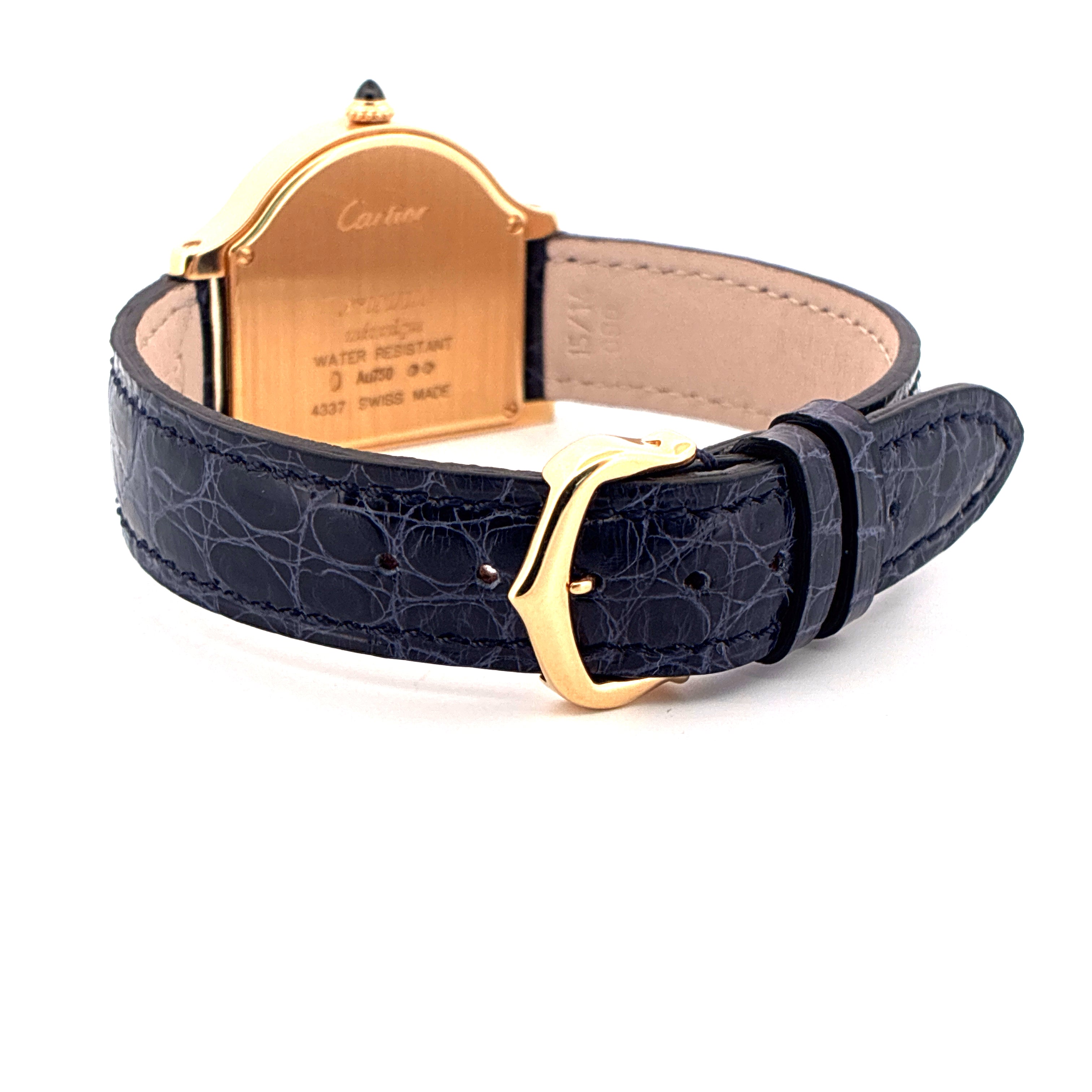 Cartier Cloche De Cartier Gelbgold mit dunkelblauem Krokodil-Lederarmband und goldener Dornschließe