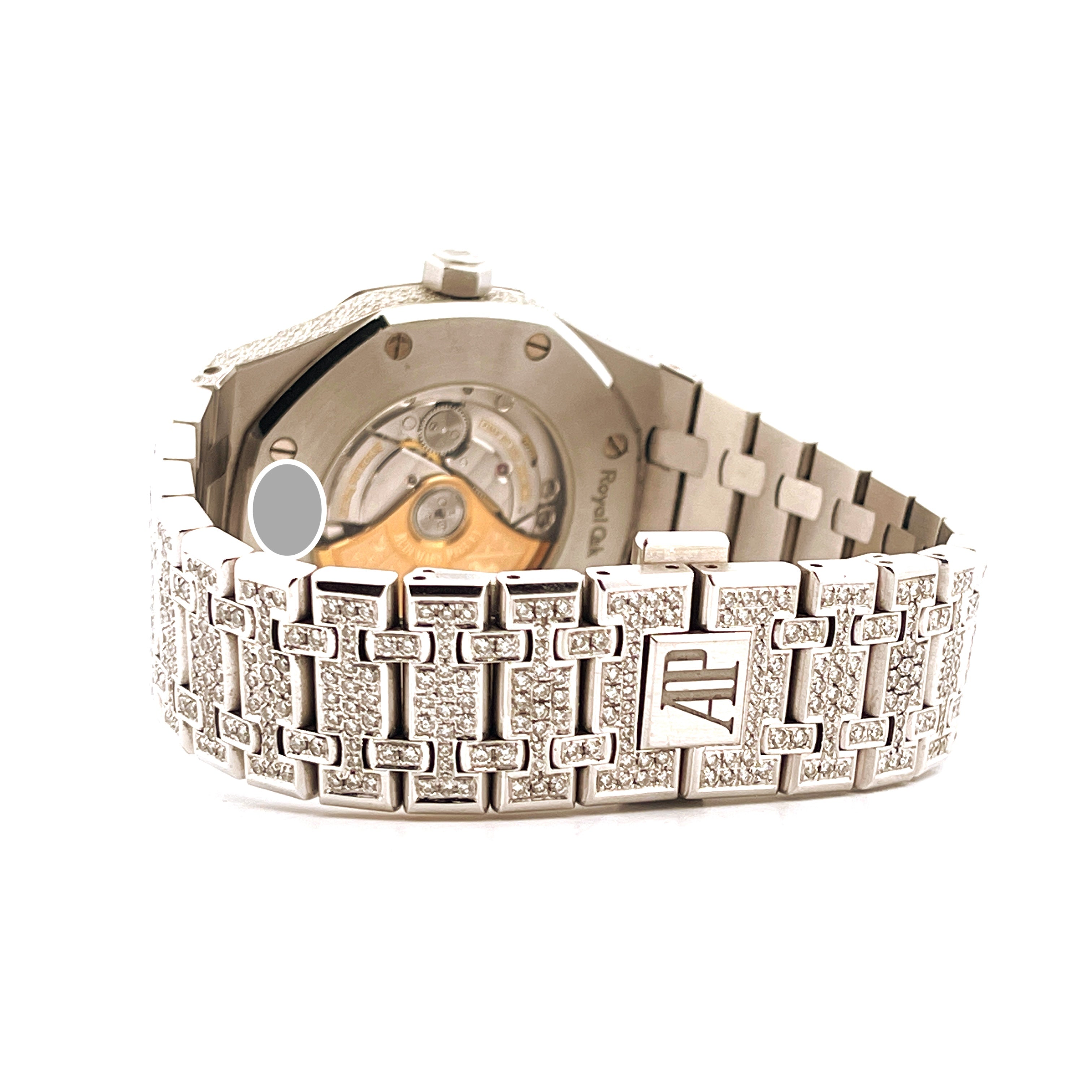 Audemars Piguet Royal Oak 15400ST Iced out mit Diamanten besetztem Armband von der Rückseite