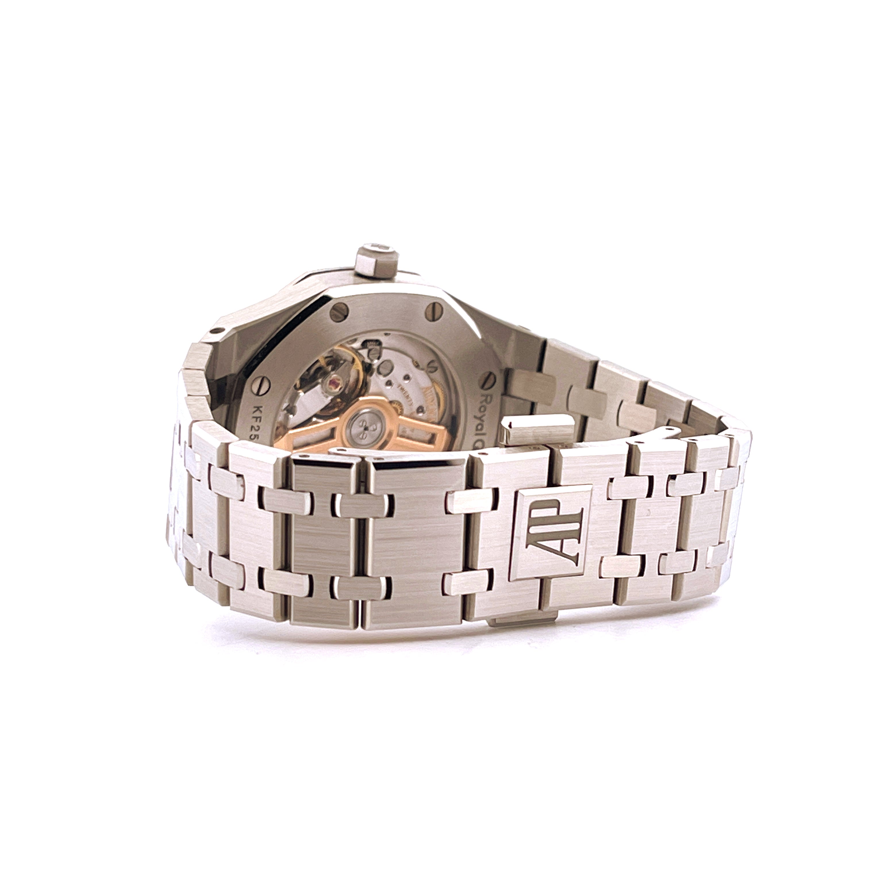 Audemars Piguet Royal Oak Selfwinding Ice Blue im Detail von hinten, Edelstahlarmband mit AP-Logo