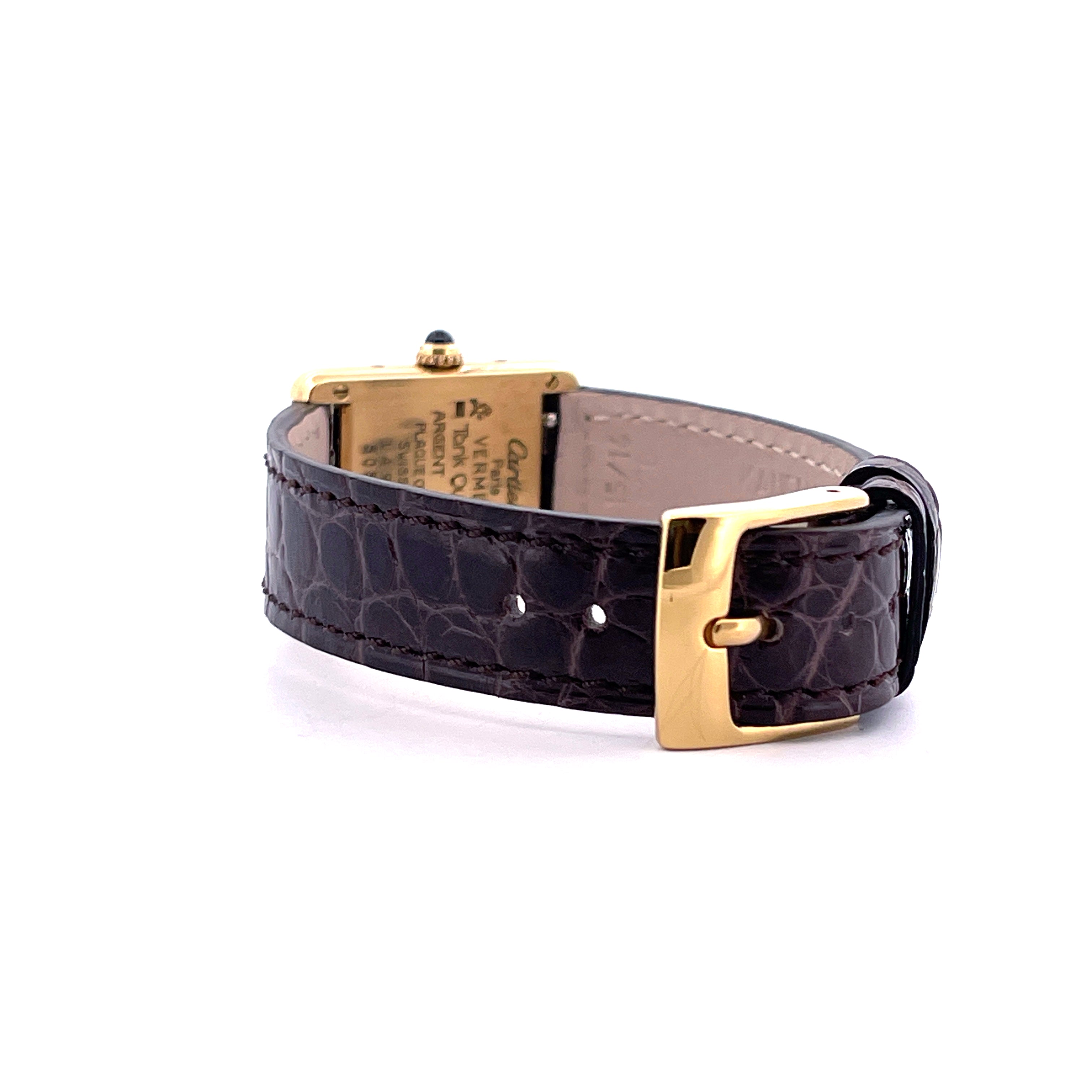 Cartier Tank Vermeil Ref. 5057001 Uhr mit braunem Lederarmband und goldener Schnalle von der Seite